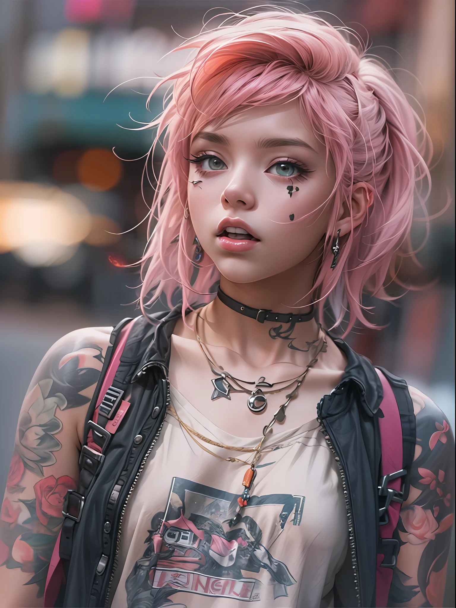 (top-quality、in 8K、32K、masterpiece、nffsw:1.3)、(Photorealsitic:1.4),18-year-old punk girl,cute little、Fancy makeup,Wacky punk hair,punk fashion,Tank Tops、A pink-haired,、Tattoos on the body,、Downtown District Background、Backlight effect、depth of fields,blurry backround,,,,,,,,,,,,