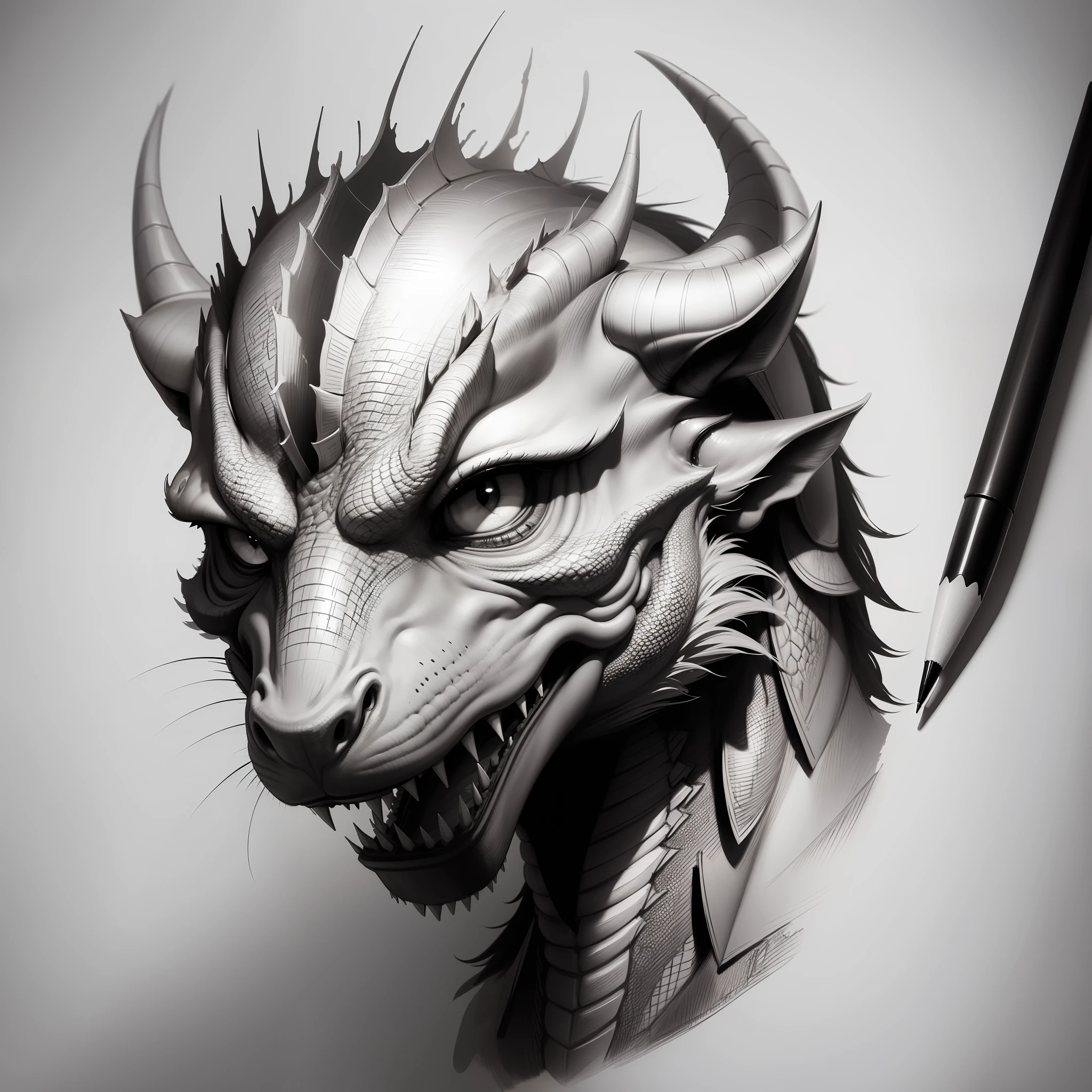 (masterpiece, best quality), best resolution, drawing a pencil sketch of a dragon's head on paper