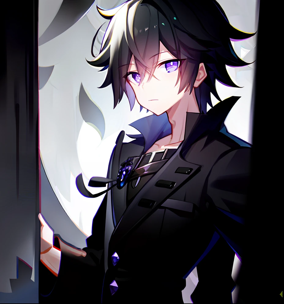 black color hair,Boy with purple eyes