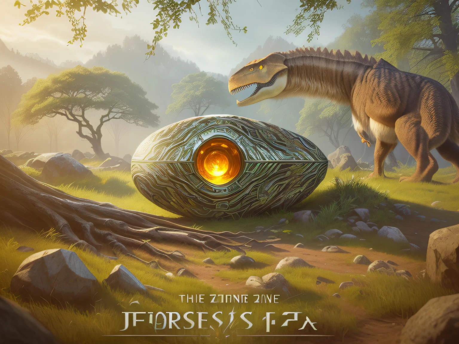 Forest scene,There is a stone egg in the middle, 8K high quality detailed art, Rolands Zilvinskis 3D rendering art, Mobile game art, Realistic fantasy illustration, detailed game art illustration, jurassic image, Mobile game background, Detailed game art, Ancient art, author:Alexander Giemsky, 3 d render stylized