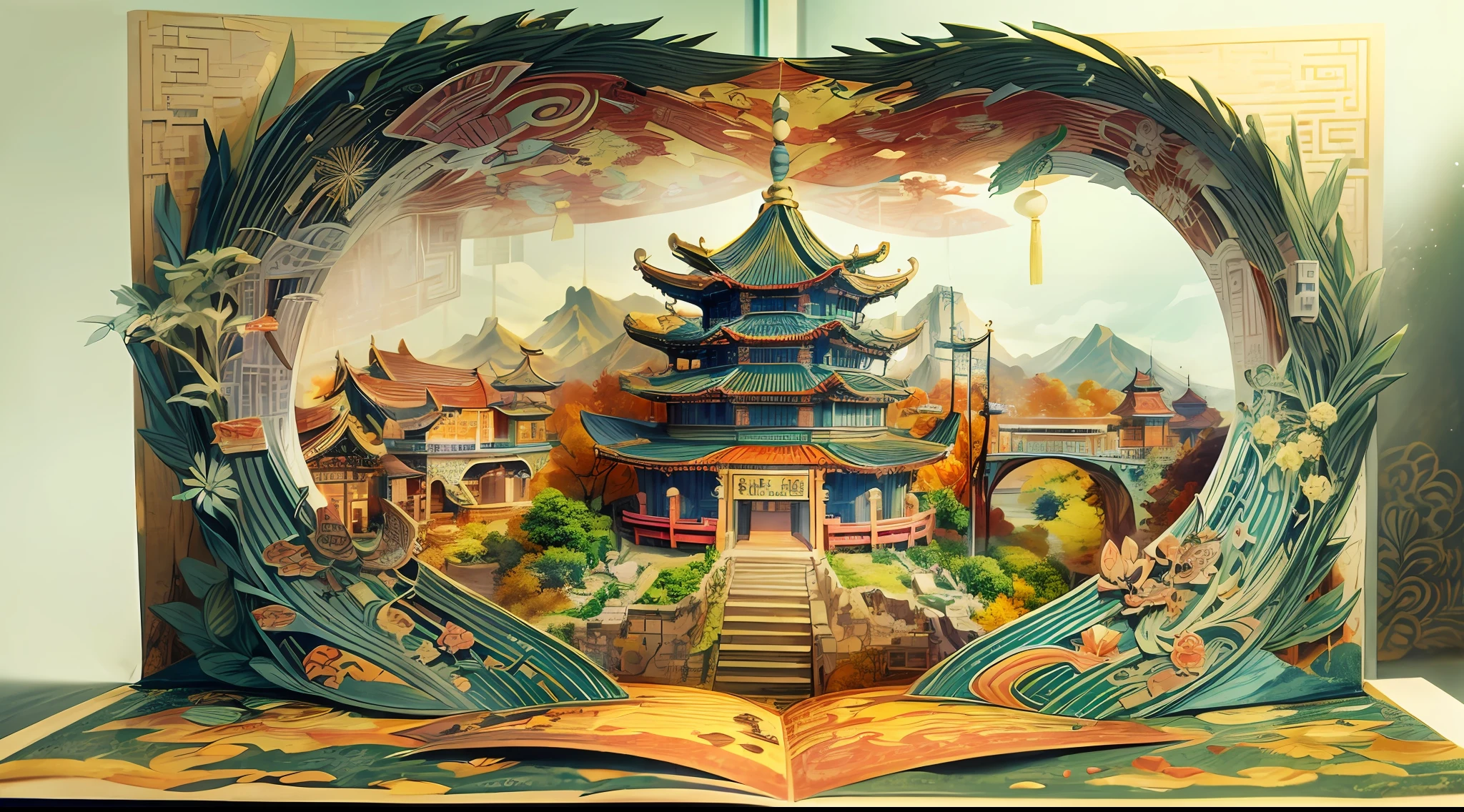(popup book:1.5),(Chinese Scenery),(extremely colorful, Best quality, Detailed details, Masterpiece, offcial art, movie light effect, 4K, Chiaroscuro)