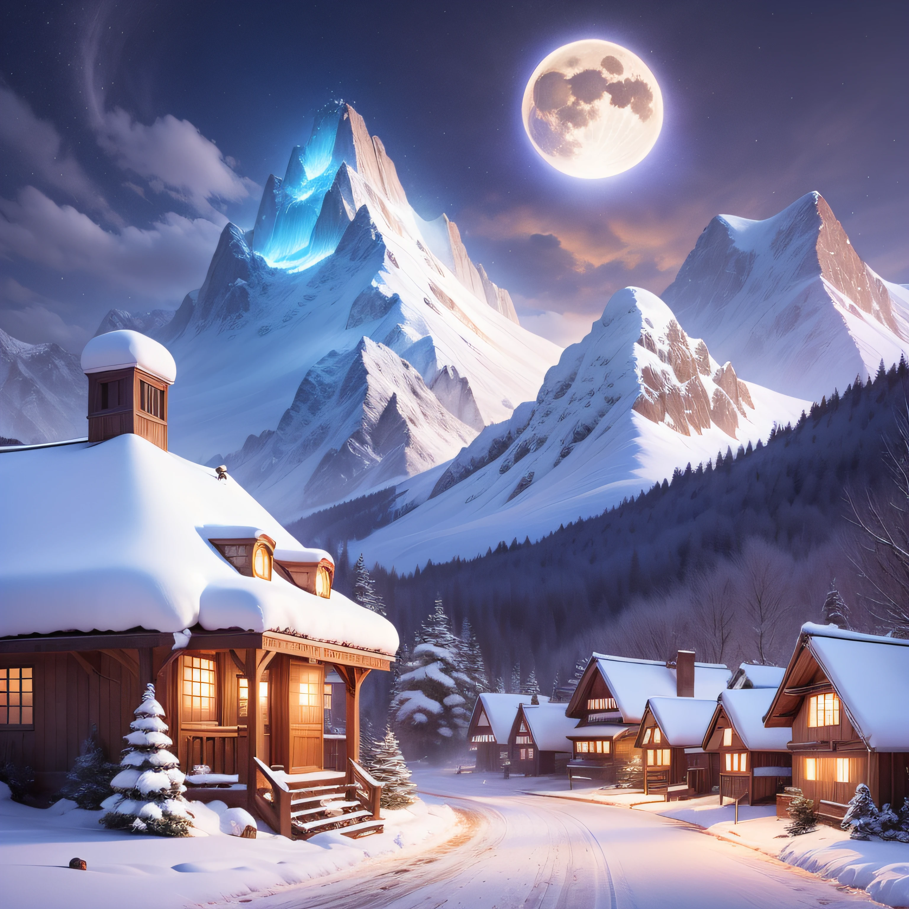 snow mountains,nighttime scene,White fox,Blue moon,village。