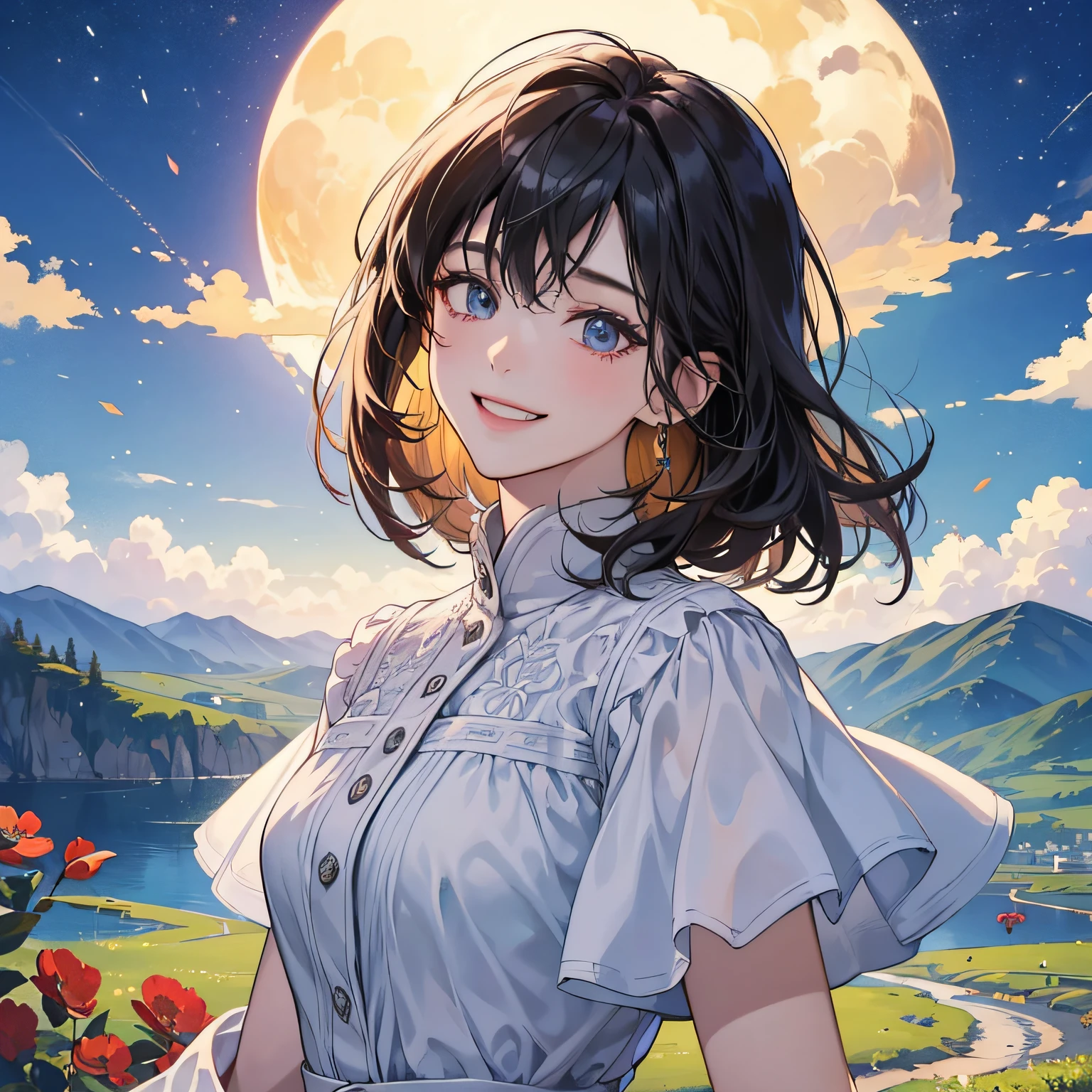 (in 8K、top-quality、​masterpiece:1.2)、1人の女性、(Smiling smile:1.1)、beautidful eyes、Valley、The upper part of the body、shorth hair、Like a boy 、Quirk hair --auto