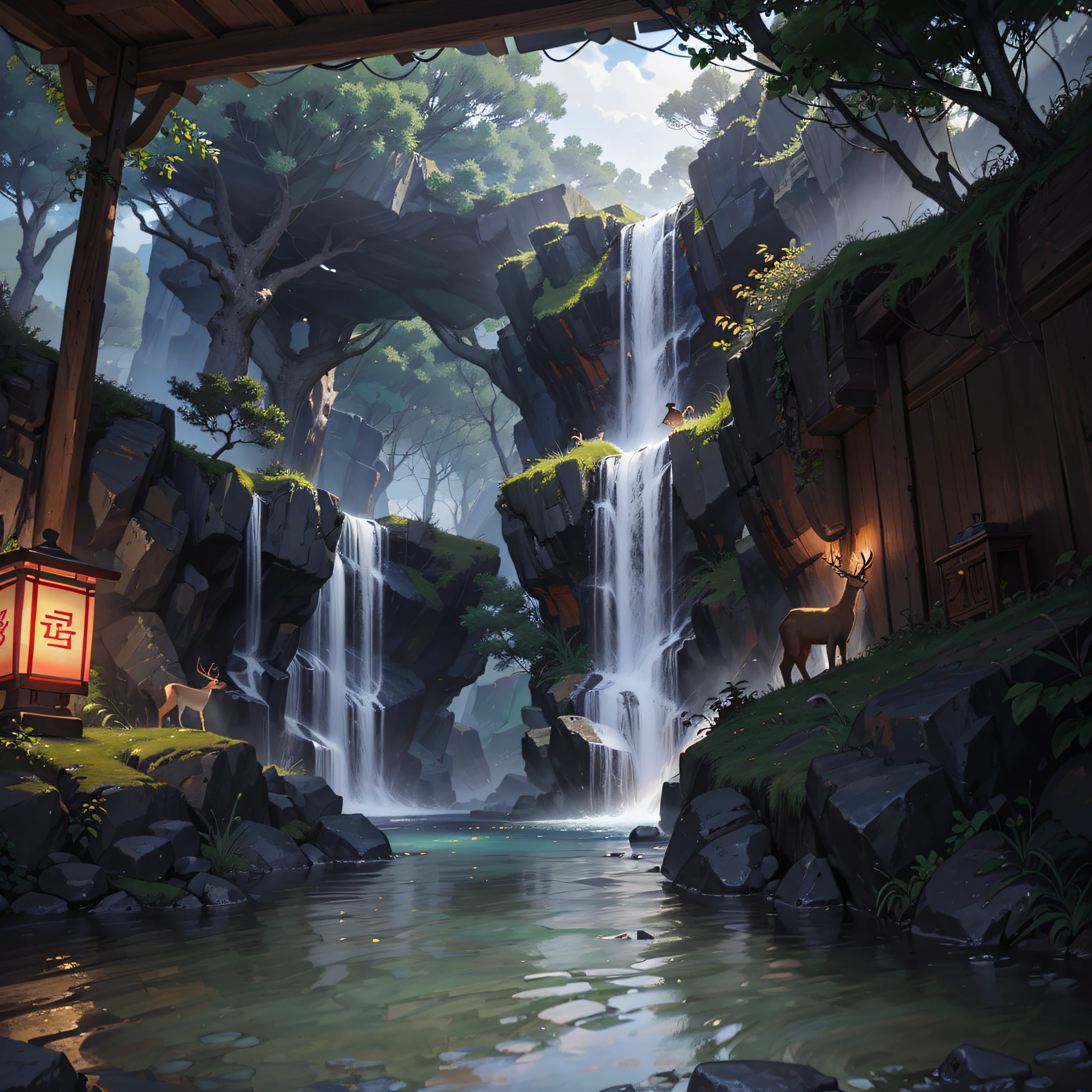 Chinese ancient times, spring, jungle, lake, cave, waterfall, tree, meadow, rock, deer, hot spring, water vapor, (illustration: 1.0), epic composition, realistic lighting, HD details, masterpiece, best quality, (very detailed CG unified 8k wallpaper) --auto