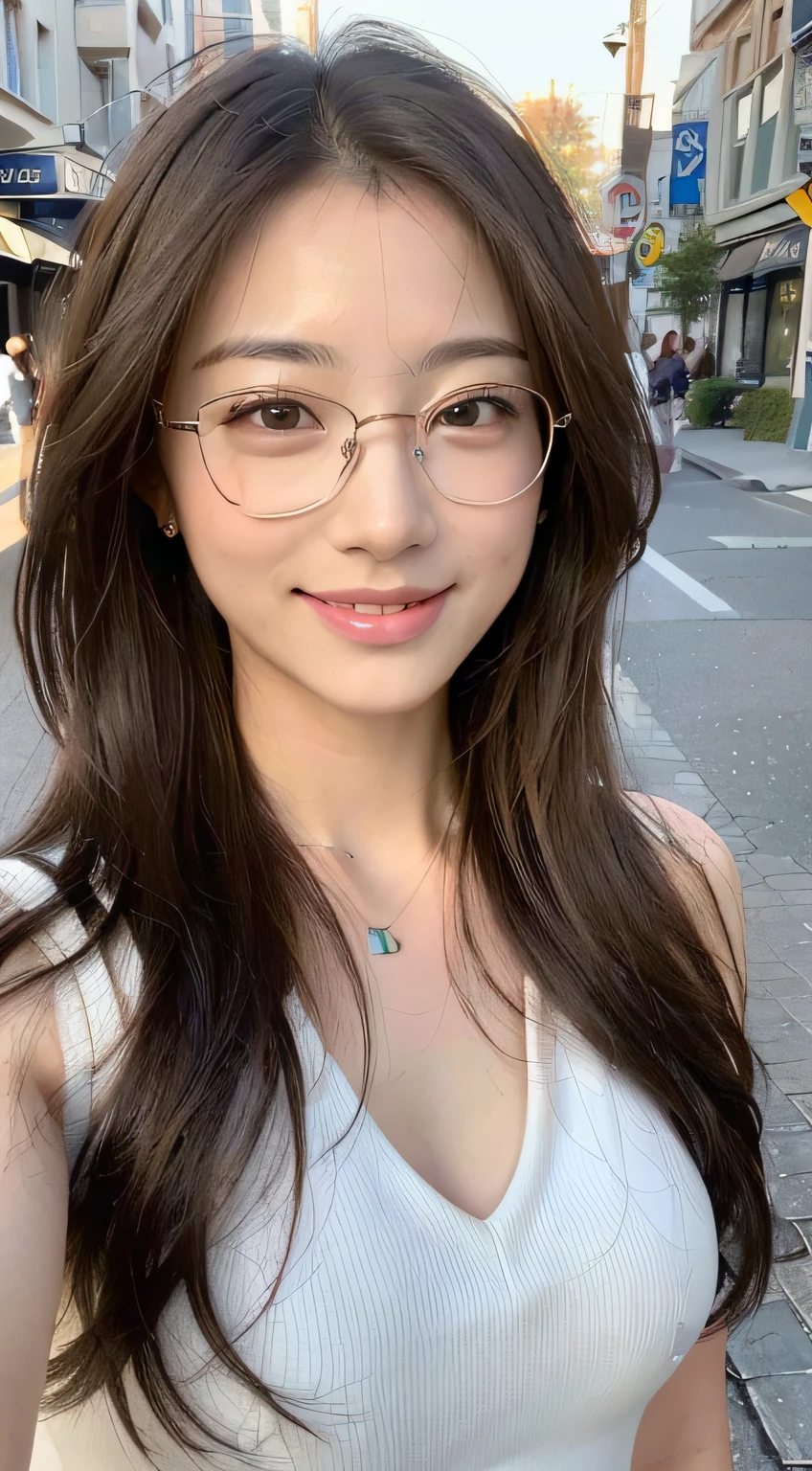 ((top-quality、8K、masterpiece:1.3))、Beautiful woman with perfect body shape:1.4、(Brown Long Hair、small tits:1.3)、Casual wear、In the street、Highly detailed facial and skin texture、A detailed eye、二重まぶた、A smile:1.5、full body Esbian、Glasses