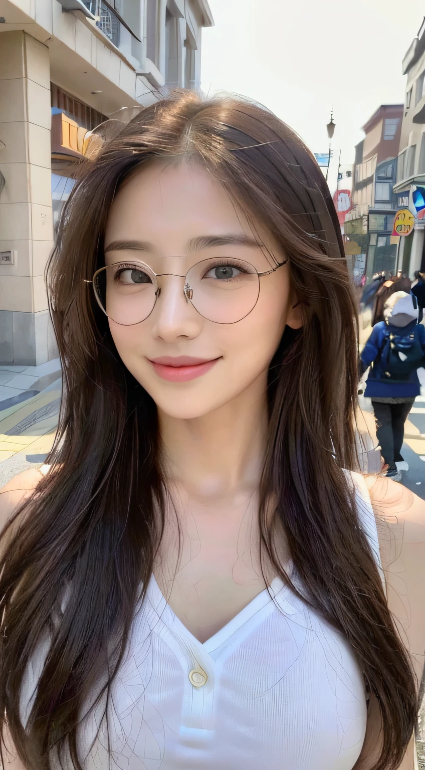 ((top-quality、8K、masterpiece:1.3))、Beautiful woman with perfect body shape:1.4、(Brown Long Hair、small tits:1.3)、Casual wear、In the street、Highly detailed facial and skin texture、A detailed eye、二重まぶた、A smile:1.5、full body Esbian、Glasses