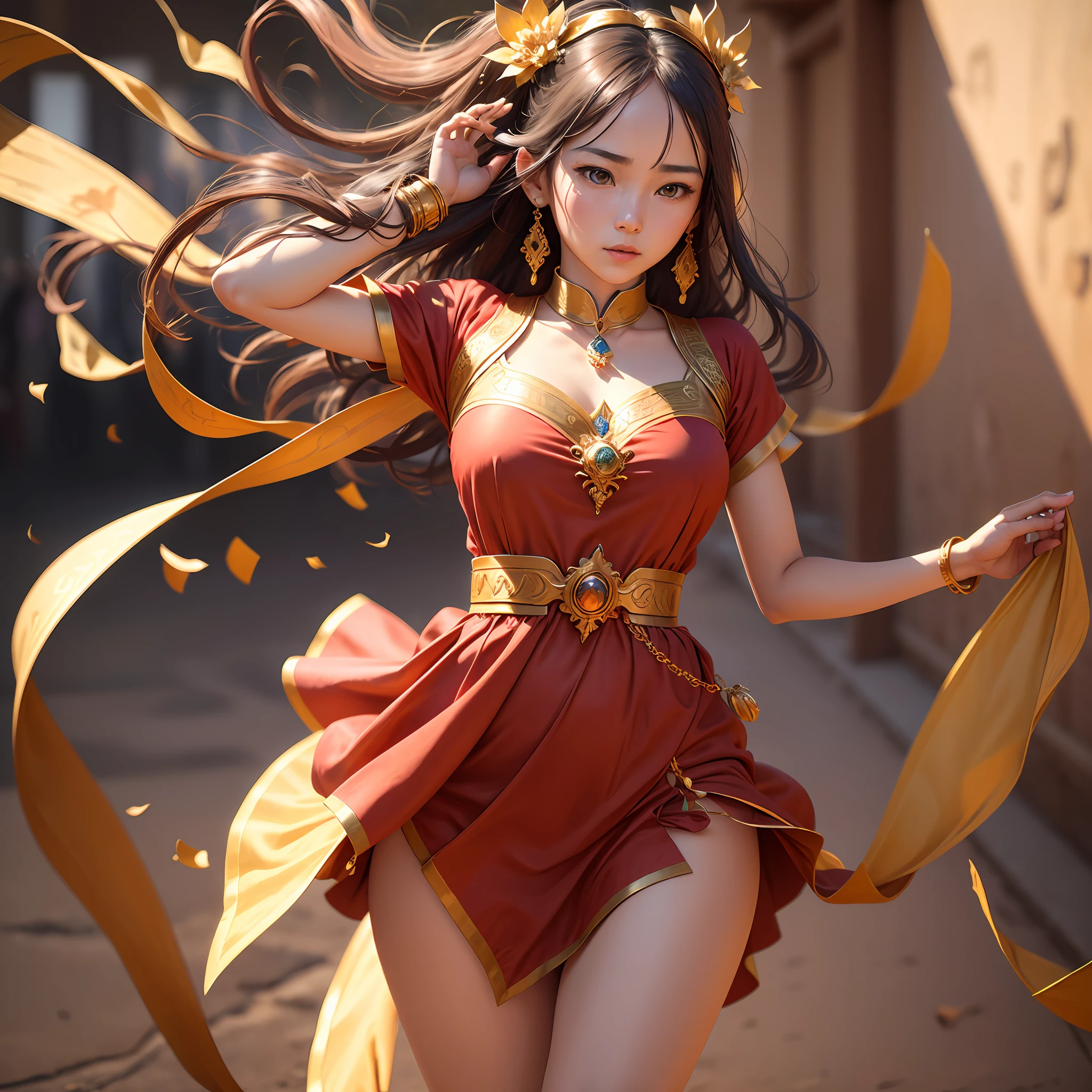 (8k, RAW photo, tmasterpiece:1.2), (realistic, photo-realistic:1.4), (Extremely detailed CG unity 8k wallpaper), (1 girl:1.5), Beauty of the Western Regions, (Red clothes:1.1), There are red spots on the forehead, Pale skin, Blushlush, largeeyes, full bodyesbian, upper legs, Open navel, Gold-tone waist chain, golden ornaments, Flying ribbons, Particle, The background is Dunhuang, Ancient city walls, A desert, dance, dunhuang_dress, dunhuang_style, realisticlying, kanzashi, best quality --auto