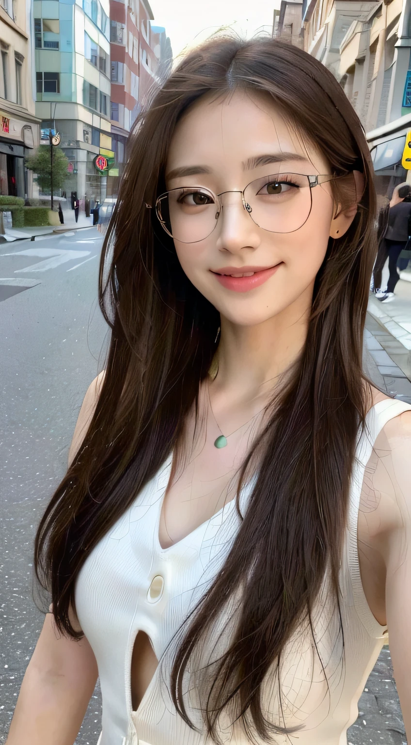 ((top-quality、8K、​masterpiece:1.3))、Beautiful woman with perfect body shape:1.4、(Brown Long Hair、small tits:1.3)、Casual wear、In the street、Highly detailed facial and skin texture、A detailed eye、二重まぶた、A smile:1.5、full body Esbian、Glasses