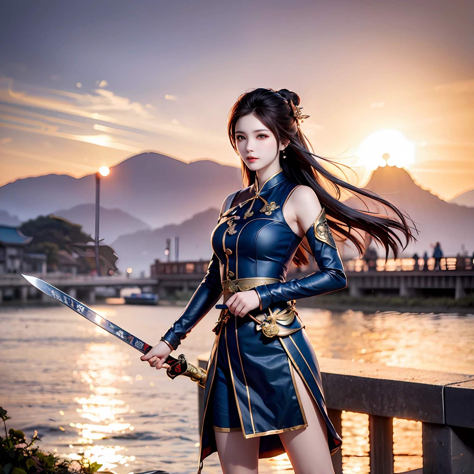 Riverside，A Tsing Yi，Hold a sword in hand，Look into the distant sunset，Beautuful Women