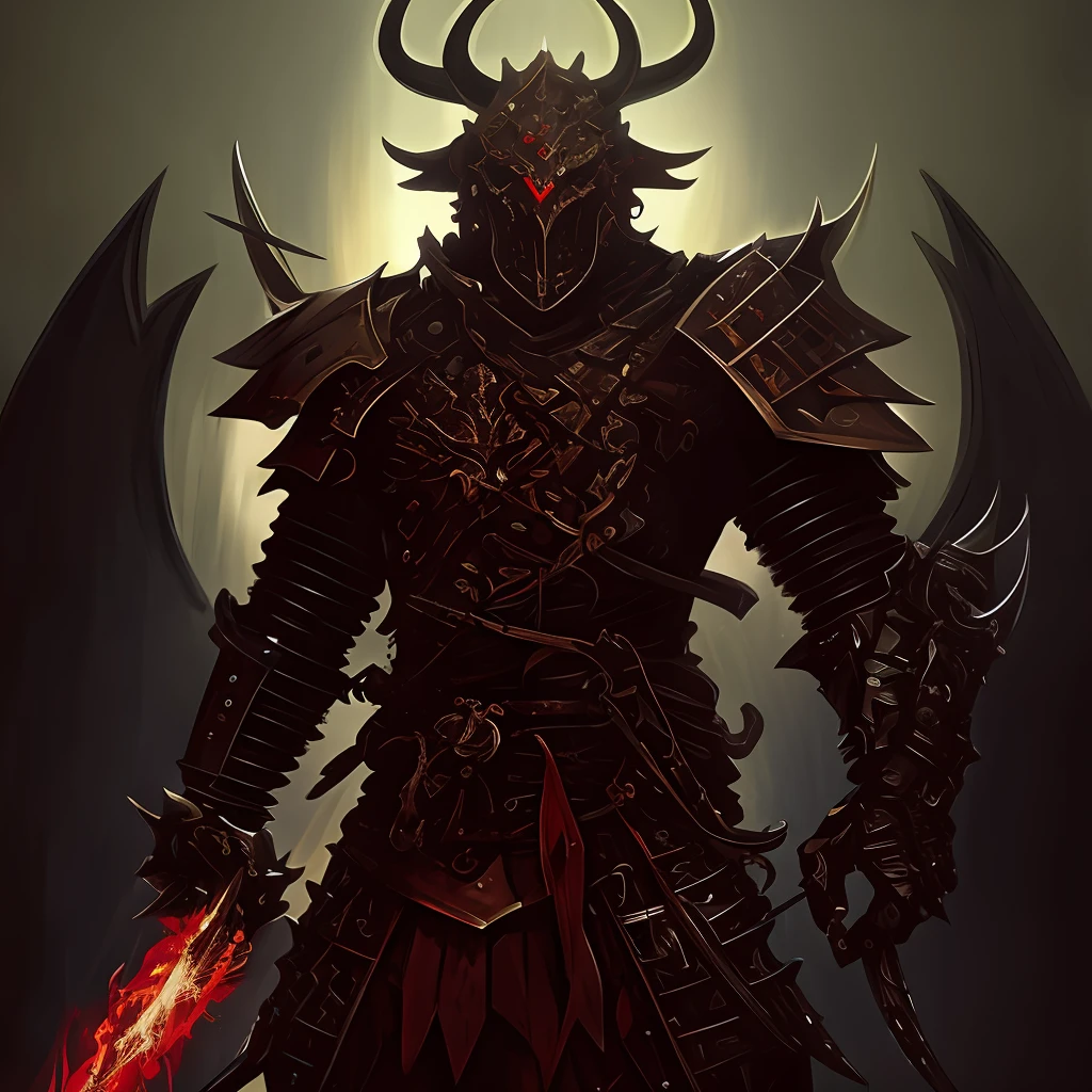 There is an image of a man in armor with a sword, demon armor, Demon Samurai, demon samurai warrior, cavaleiro do mal, symmetrical dieselpunk warrior, armadura escura, armadura de metal pesado, estilo gerald brom, arte conceitual digital diablo, Demon Lord, armadura de fantasia pesada, Samurai ciborgue, inspired by Kanō Hōgai, demon knight of death, red demon armor