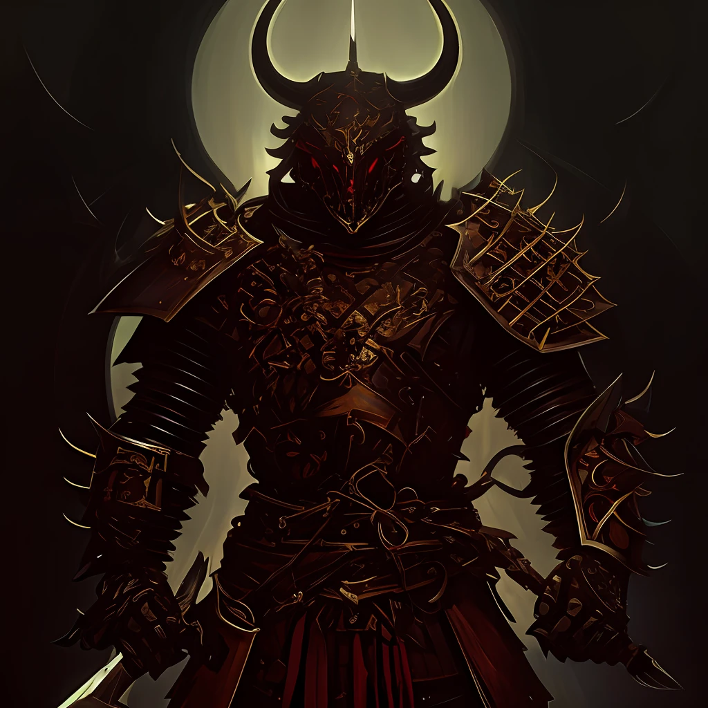There is an image of a man in armor with a sword, demon armor, Demon Samurai, demon samurai warrior, cavaleiro do mal, symmetrical dieselpunk warrior, armadura escura, armadura de metal pesado, estilo gerald brom, arte conceitual digital diablo, Demon Lord, armadura de fantasia pesada, Samurai ciborgue, inspired by Kanō Hōgai, demon knight of death, red demon armor