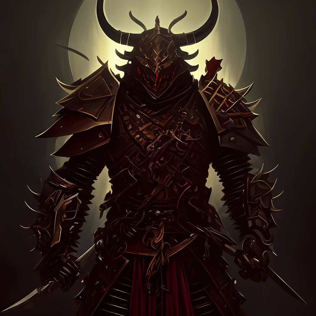 There is an image of a man in armor with a sword, demon armor, Demon Samurai, demon samurai warrior, cavaleiro do mal, symmetrical dieselpunk warrior, armadura escura, armadura de metal pesado, estilo gerald brom, arte conceitual digital diablo, Demon Lord, armadura de fantasia pesada, Samurai ciborgue, inspired by Kanō Hōgai, demon knight of death, red demon armor