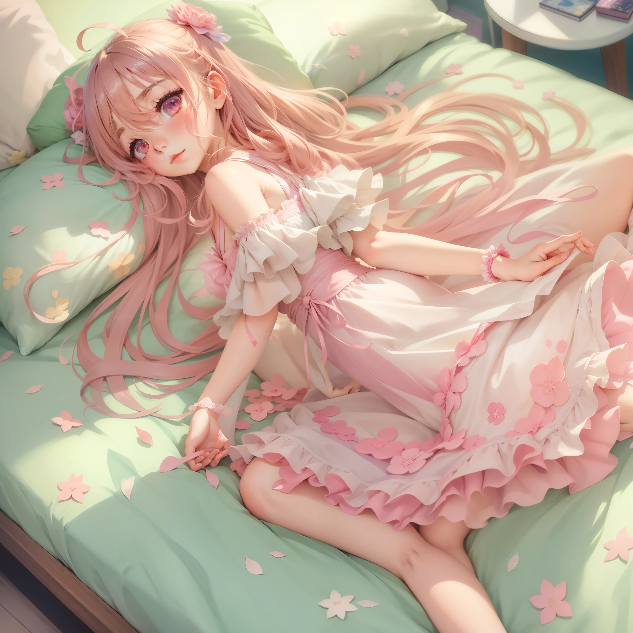 anime girl in pink dress laying on bed, loli in dress, hanayamata, splash art anime loli, ecchi, anime goddess, seductive anime girl, shirabii, cute anime waifu in a nice dress, shoujo manga, ecchi anime style, epic light novel art cover, marisa kirisame, small curvy loli, ecchi