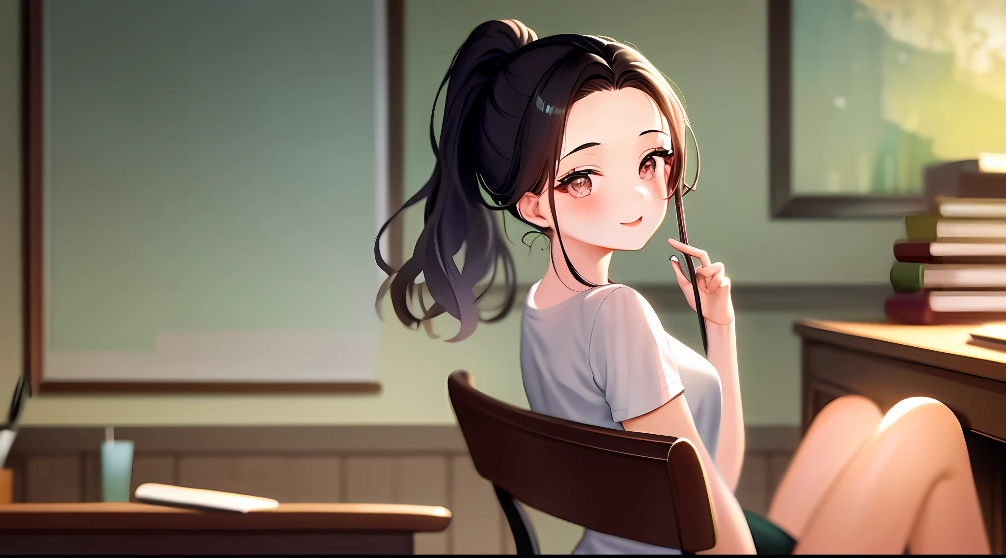 masterpiece, top-quality, hight resolution, a 1 girl, Loose white t-shirt、 Girl sitting on chair studying drafting at desk,、Beautie、Appeal、Frolic happily、Female, 20 years old、Have good eyes、High Ponytail、Unclear、Beautiful fece、Forehead
