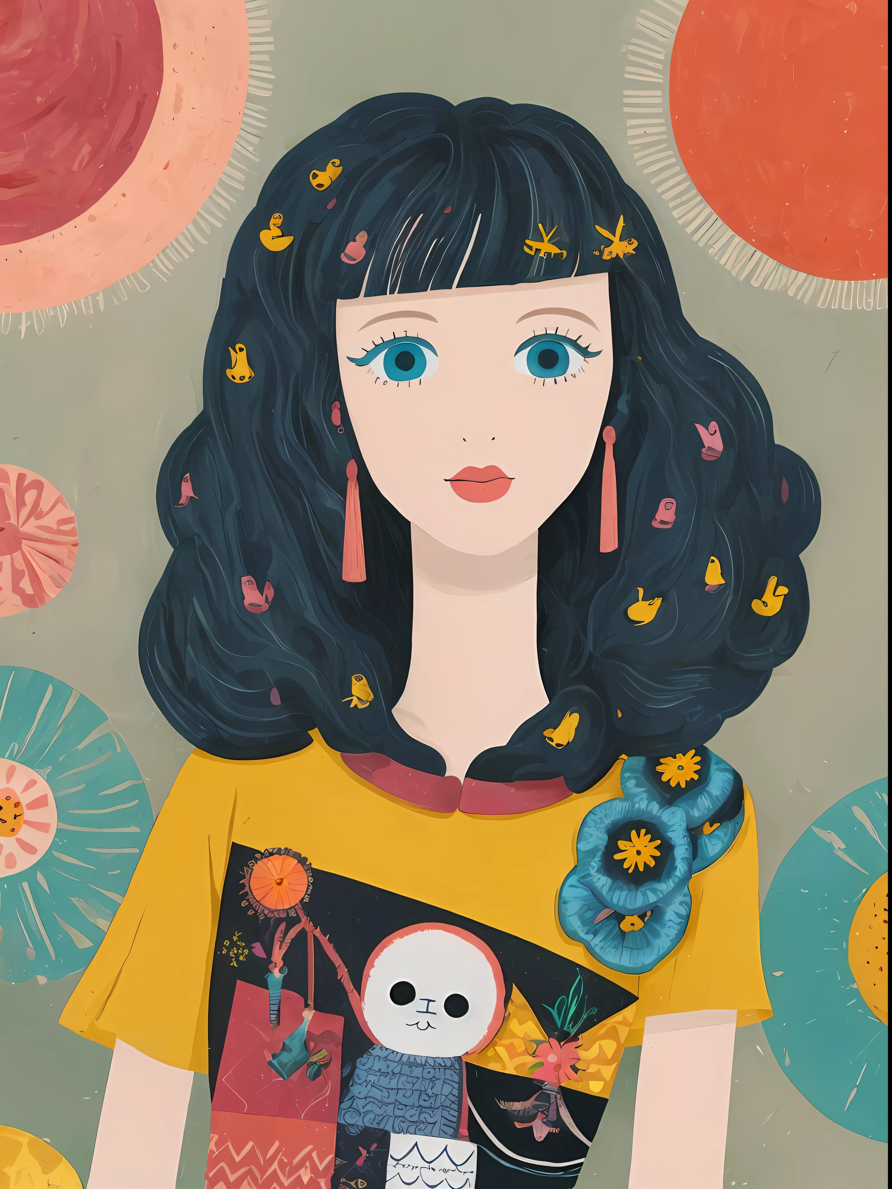 masterpiece, best quality,
paint,illustration,
style2,solo,simple background,
a cartoon illustration of a lady ina yellow shirt over art by mrs butterfly, in the style of grunge beauty, sandara tang, mixed patterns, text and emoji installations, close up, charming character illustrations, folkloric