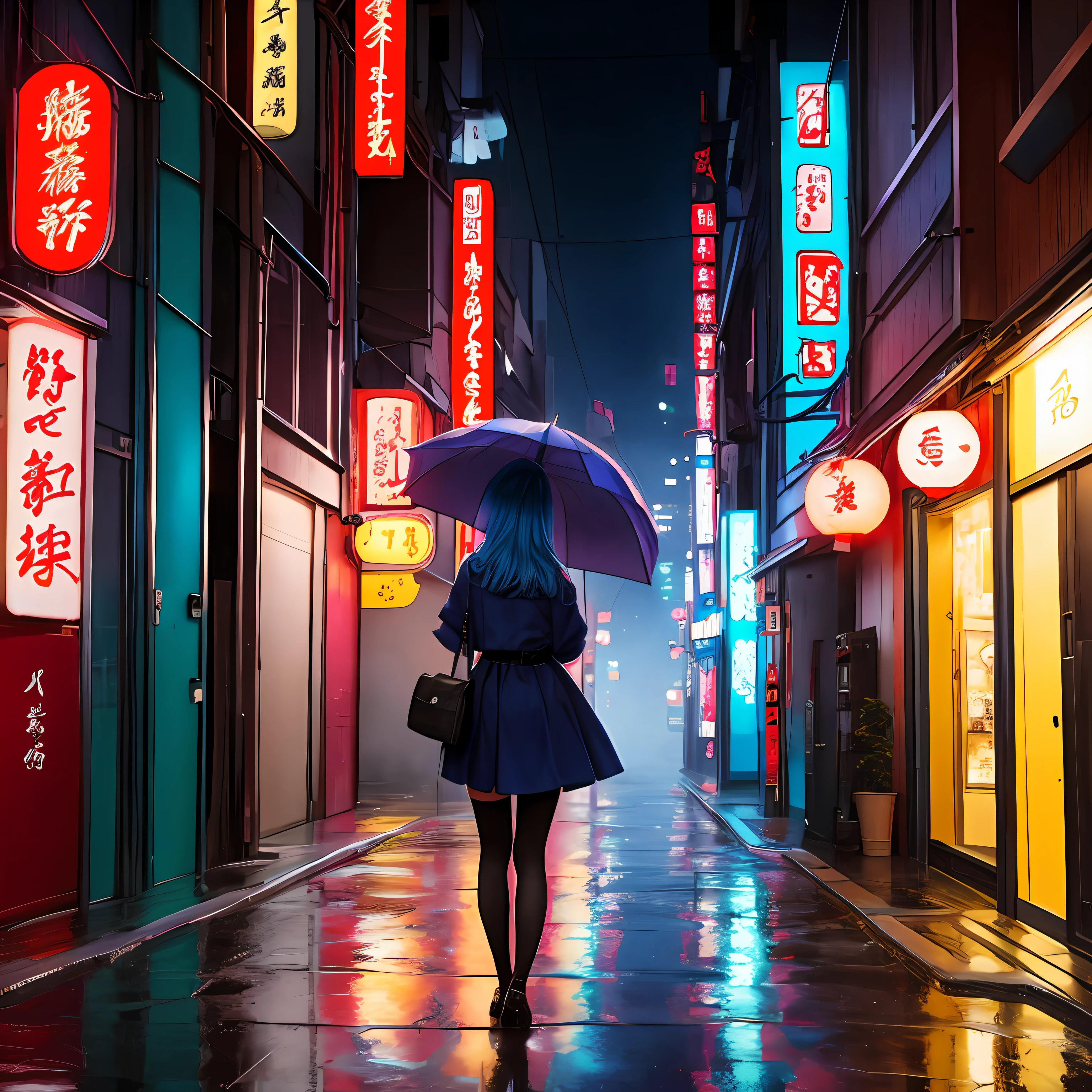 (best quality, masterpiece: 1.3), 1girl, rainy day, fog, alley, umbrella holding, large and transparent umbrella, looking at the viewer, blue hair, facing the photo, cyberpunk city, alone in the alley, neon in the alley, very reflective city, long hair, sized strands going over the alley, bars, Japan, Tokyo, garter belt on one leg, knee pad on the other leg, perfect hand, delicate, night --auto