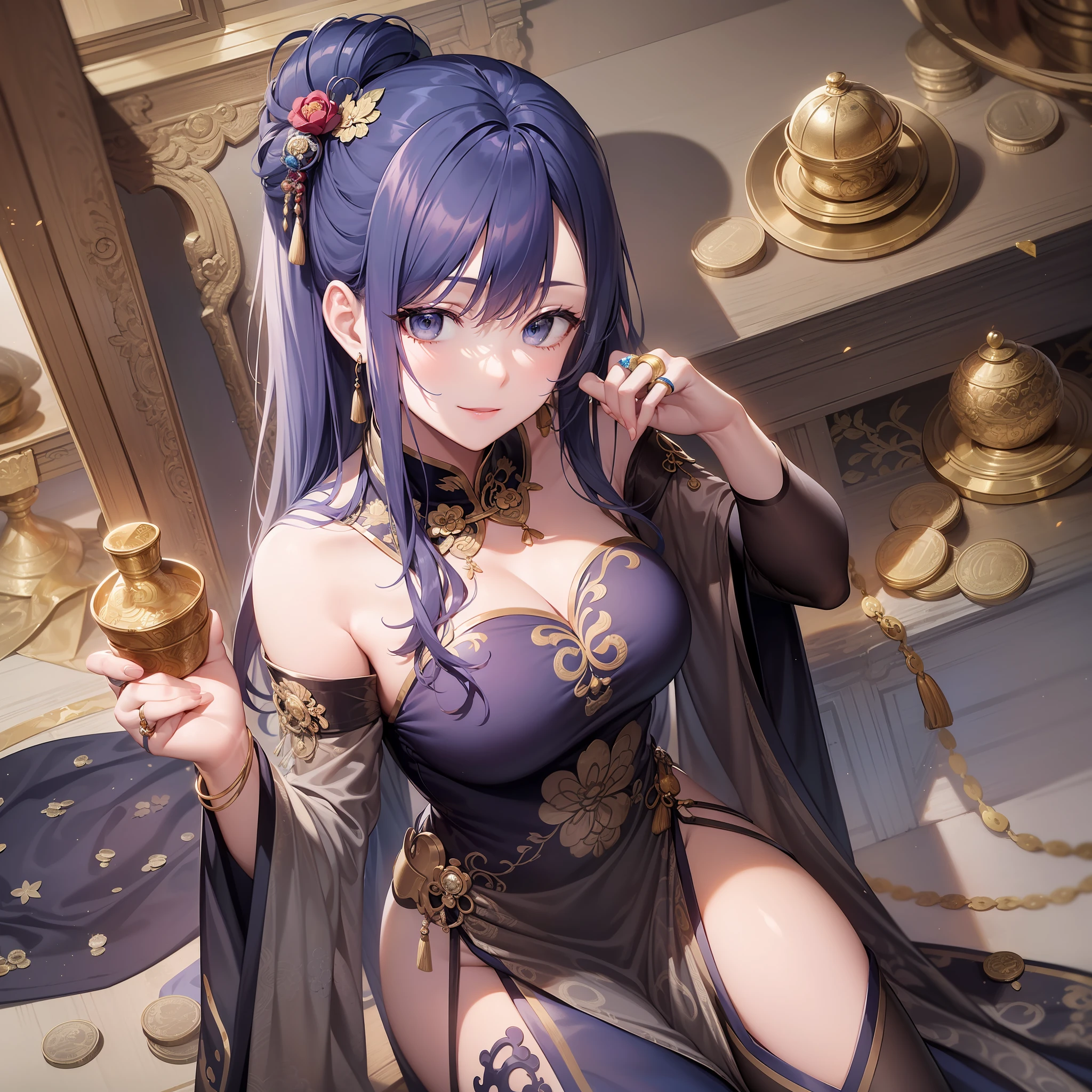 Adult woman, navy blue hair, The ends of gray hair, hairlong, beautiful hairstyle, hair ornament, white eyes, Chinese Clothing, Ornaments, Rings, Heels, Ancient Chinese themes, looking a viewer, Happy smile, overhead view, Lies on the money, gold coins, A mountain of money, Fantasy art, Beautiful painting of characters, Works of art in the style of Guvaika, epic exquisite character art, stunning character art, Beautiful rich Woman, perspective, really happy, closed eye, overhead view(reference sheet:1.5)