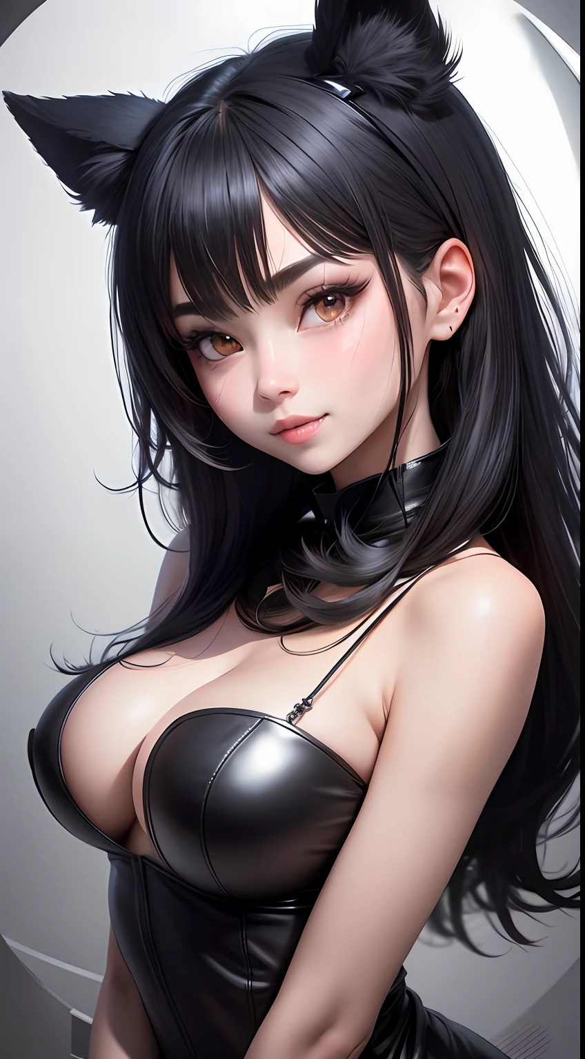 black hair, hair bobbles, wince, longeyelashes, solid circle eyes, fake animal ears, light smile, ear blush, fang, streaked hair, halo, mole under eye, animal ears, clenched teeth, Surrealism, drop shadow, anaglyph, stereogram, tachi-e, pov, atmospheric perspective, Surrealism, cinematic lighting, rounded corners, 8k, super detail, ccurate, best quality