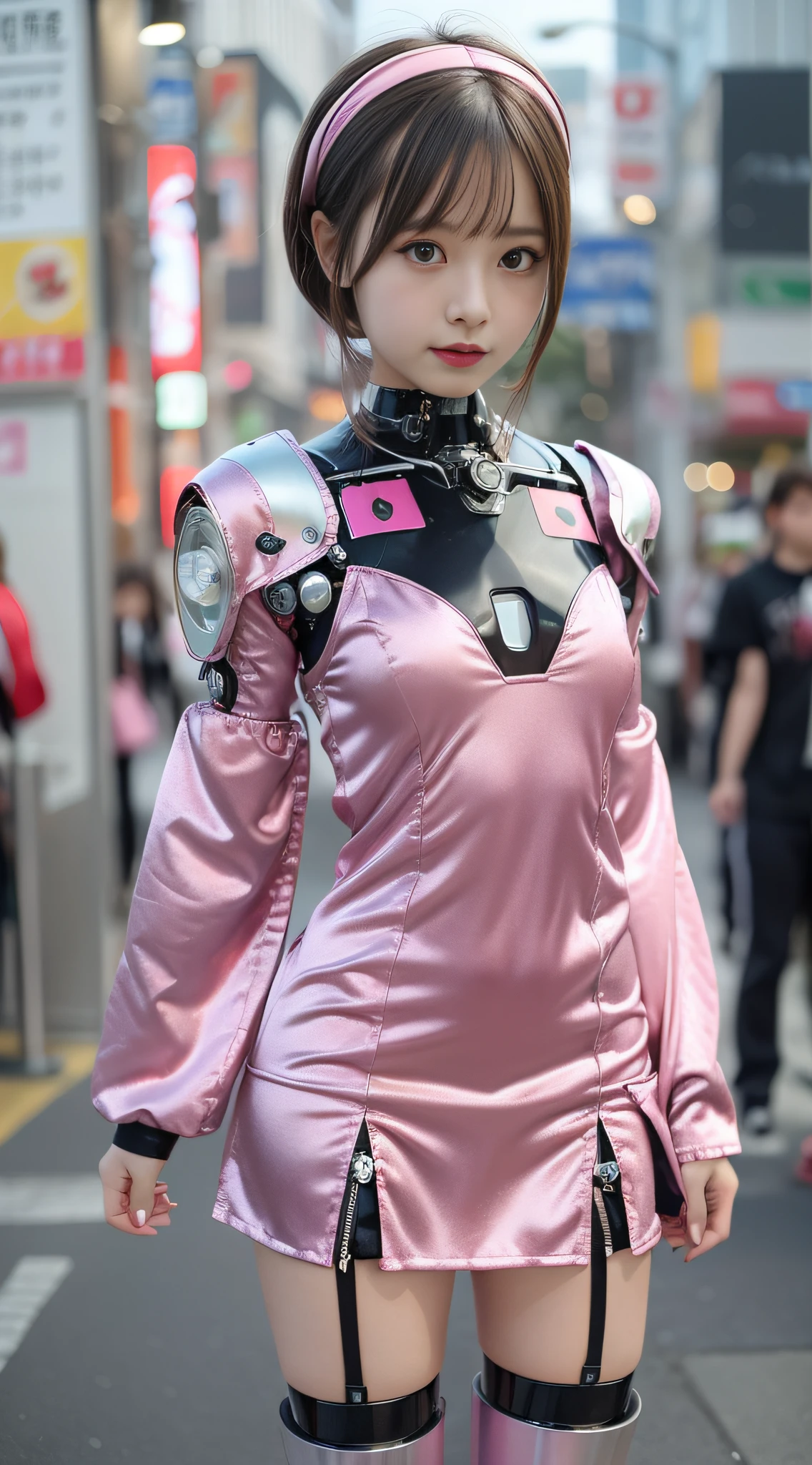 (Photorealsitic:1.4)、Onegirl、(top-quality),(hyperdetailed face)、(Super well-formed face)、((Robot Parts))、(Cyborg girl)、(Burgundy)、(Silver)、(metalic)、(fullllbody)、(Moe Pose)、(Slender body)、(tits out)、(Model body type)、(mecha exposure)、(akihabara)、(is looking at the camera)、(A dark-haired)、(９Head and body)、(a small face)、(Idol)、(front facing)、(is standing)、(Photo session)、(Looks sad)、(Cyborg girl in pink satin dress)、(sleeve less)、(a miniskirt)