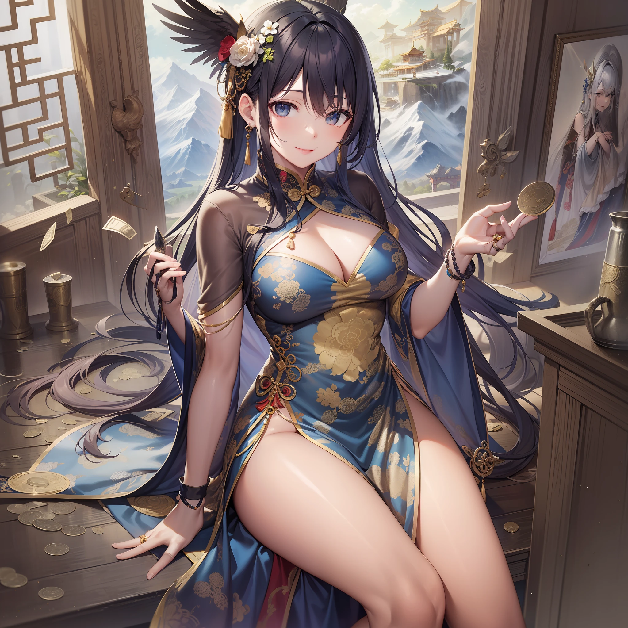 Adult woman, navy blue hair, The ends of gray hair, hairlong, beautiful hairstyle, hair ornament, white eyes, Chinese Clothing, Ornaments, Rings, Heels, Ancient Chinese themes, looking a viewer, Happy smile, overhead view, Lies on the money, gold coins, A mountain of money, Fantasy art, Beautiful painting of characters, Works of art in the style of Guvaika, epic exquisite character art, stunning character art, Beautiful rich Woman, perspective, really happy, closed eye, overhead view(reference sheet:1.5)