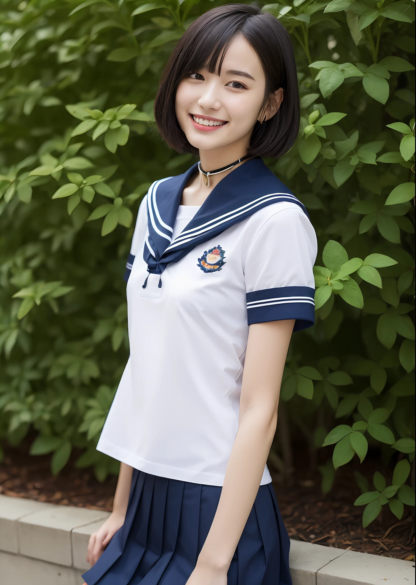 1girl in, bangss, Black_Choker, Black_hair, Blue_sailor_Collar, Blue_Skirt, bush, a choker, 鎖骨, tag, 耳Nipple Ring, florals, jewely, s lips, up looking_で_viewer, plein air, a plant, pleats_Skirt, potted plant_plant, Wagas, sailor_Collar, School_uniform, serafuku, The shirt, Short_hair, Short_sleeves, sitting on, skirt by the, A smile, 独奏, a park