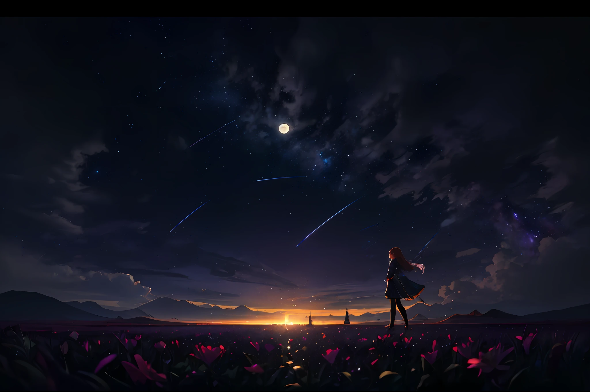 expansive landscape photograph , (a view from below that shows sky above and open field below), a girl standing on flower field looking up, (full moon:1.2), ( shooting stars:0.9), (nebula:1.3), distant mountain, tree BREAK
production art, (warm light source:1.2), (Firefly:1.2), lamp, lot of purple and orange, intricate details, volumetric lighting BREAK
(masterpiece:1.2), (best quality), 4k, ultra-detailed, (dynamic composition:1.4), highly detailed, colorful details,( iridescent colors:1.2), (glowing lighting, atmospheric lighting), dreamy, magical, (solo:1.2)