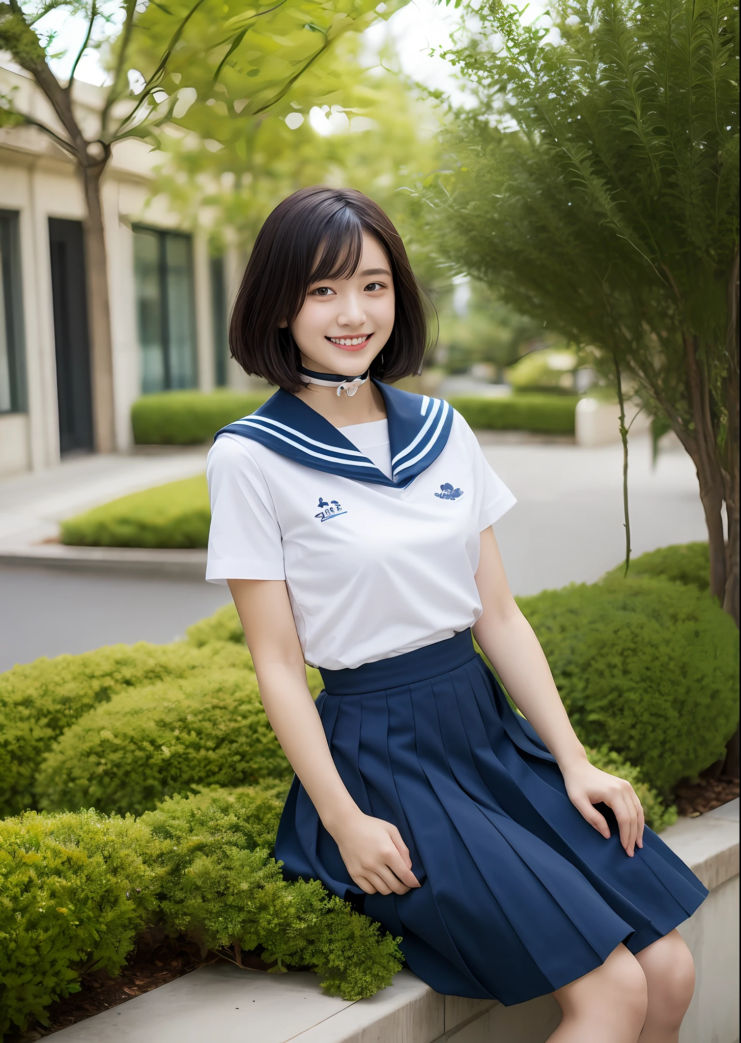 1girl in, bangss, Black_Choker, Black_hair, Blue_sailor_Collar, Blue_Skirt, bush, a choker, 鎖骨, tag, 耳Nipple Ring, florals, jewely, s lips, up looking_で_viewer, plein air, a plant, pleats_Skirt, potted plant_plant, Wagas, sailor_Collar, School_uniform, serafuku, The shirt, Short_hair, Short_sleeves, sitting on, skirt by the, A smile, 独奏, a park