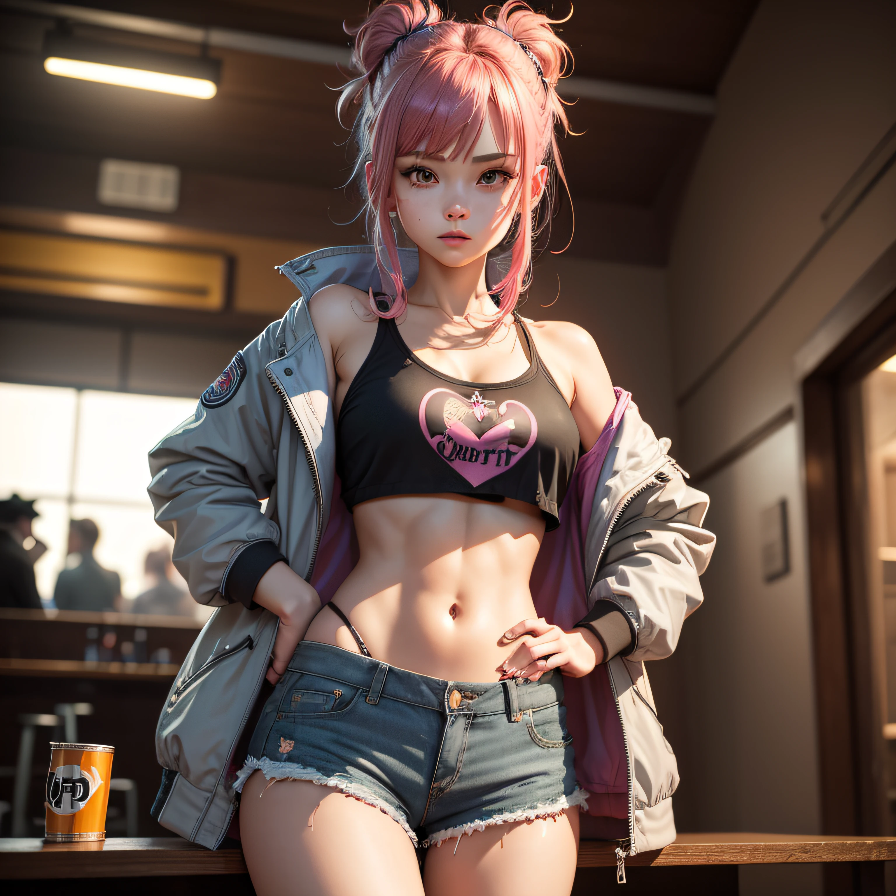 girl,(hotify:1.2) 1girl, bar, pub, indoors, beer_can, black_shorts, can, cowboy_shot, crop_top, dolphin_shorts, drinking, flower-shaped_hair, grey_jacket, heart, holding, holding_can, jacket, long_sleeves, medium_hair, midriff, navel, off_shoulder, open_clothes, open_jacket, pink_hair, short_shorts, shorts, solo, spaghetti_strap, stomach ,(masterpiece,detailed,highres:1.4) --auto