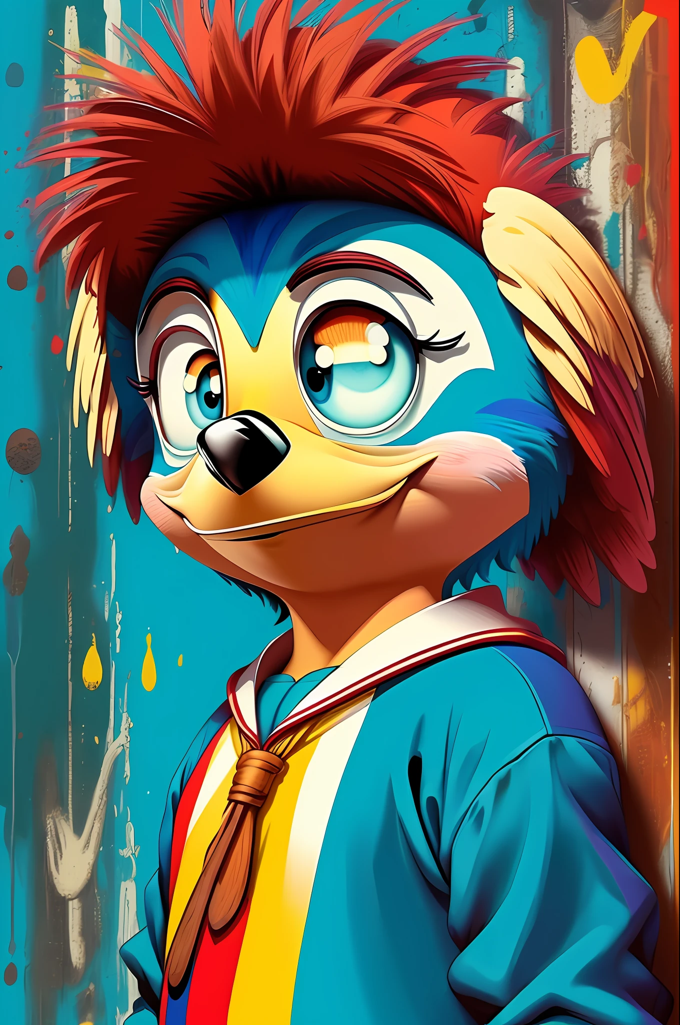 (Woody Woodpecker Character Bird), de (Walter Lantz) stylized identical to 1957 |)), acolchoamento ,multidimensional geometric wall PORTRAIT, arte, Chibi, Yang016K, lindo,(( Predominant red coloration ,azul e branco)) Primary works, qualidade superior, melhor qualidade, Arte Oficial, Beautiful and Aesthetic,), Eduardo Kobra acolchoamento ,multidimensional geometric wall PORTRAIT, arte, Chibo,detalhes