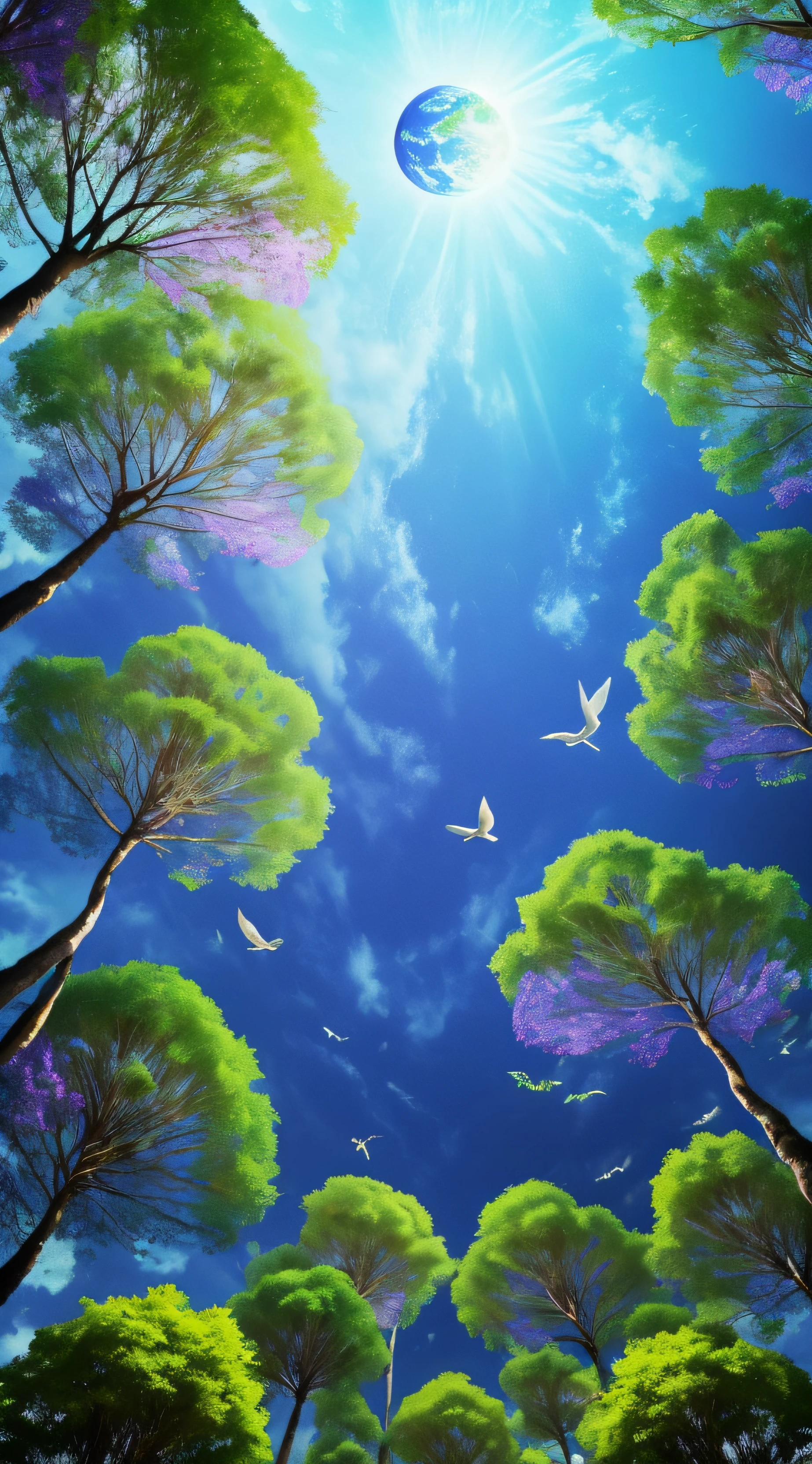 Crie uma cena de planeta como filme avatar, pedras flutuantes, Waters, Florestas com cores florescentes, plantas com cores florescentes, birds, giant trees, blue skies, nuvem, cores vibrantes, vivid colors, MUNDO ESPIRITUAL, Encantado, fantasia, Magic