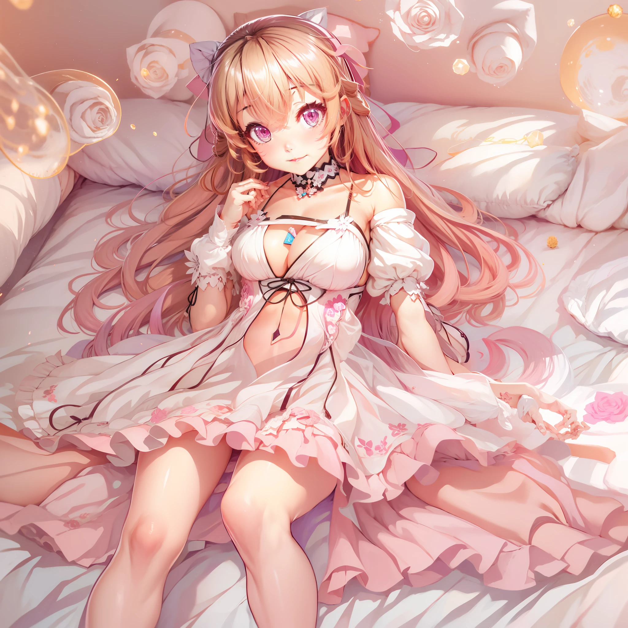 anime girl in pink dress laying on bed, loli in dress, hanayamata, splash art anime loli, ecchi, anime goddess, seductive anime girl, shirabii, cute anime waifu in a nice dress, shoujo manga, ecchi anime style, epic light novel art cover, marisa kirisame, small curvy loli, ((ecchi))