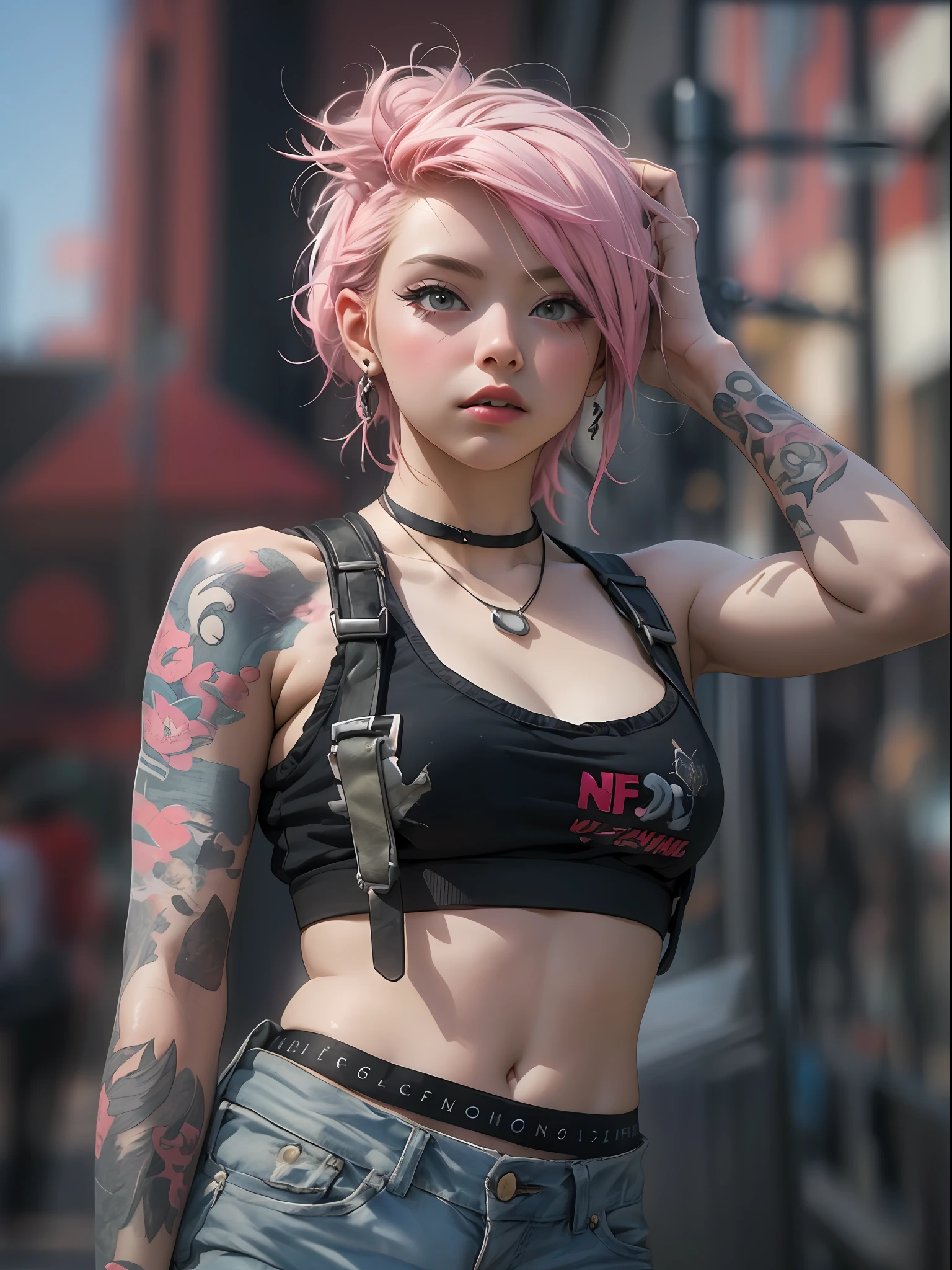 (top-quality、in 8K、32K、​masterpiece、nffsw:1.3)、(Photorealsitic:1.4),18-year-old punk girl,cute little、Fancy makeup,Wacky punk hair,punk fashion,Tank Tops、A pink-haired,、Tattoos on the body,、Downtown District Background、Backlight effect、depth of fields,blurry backround,,,,,,,,,,,,
