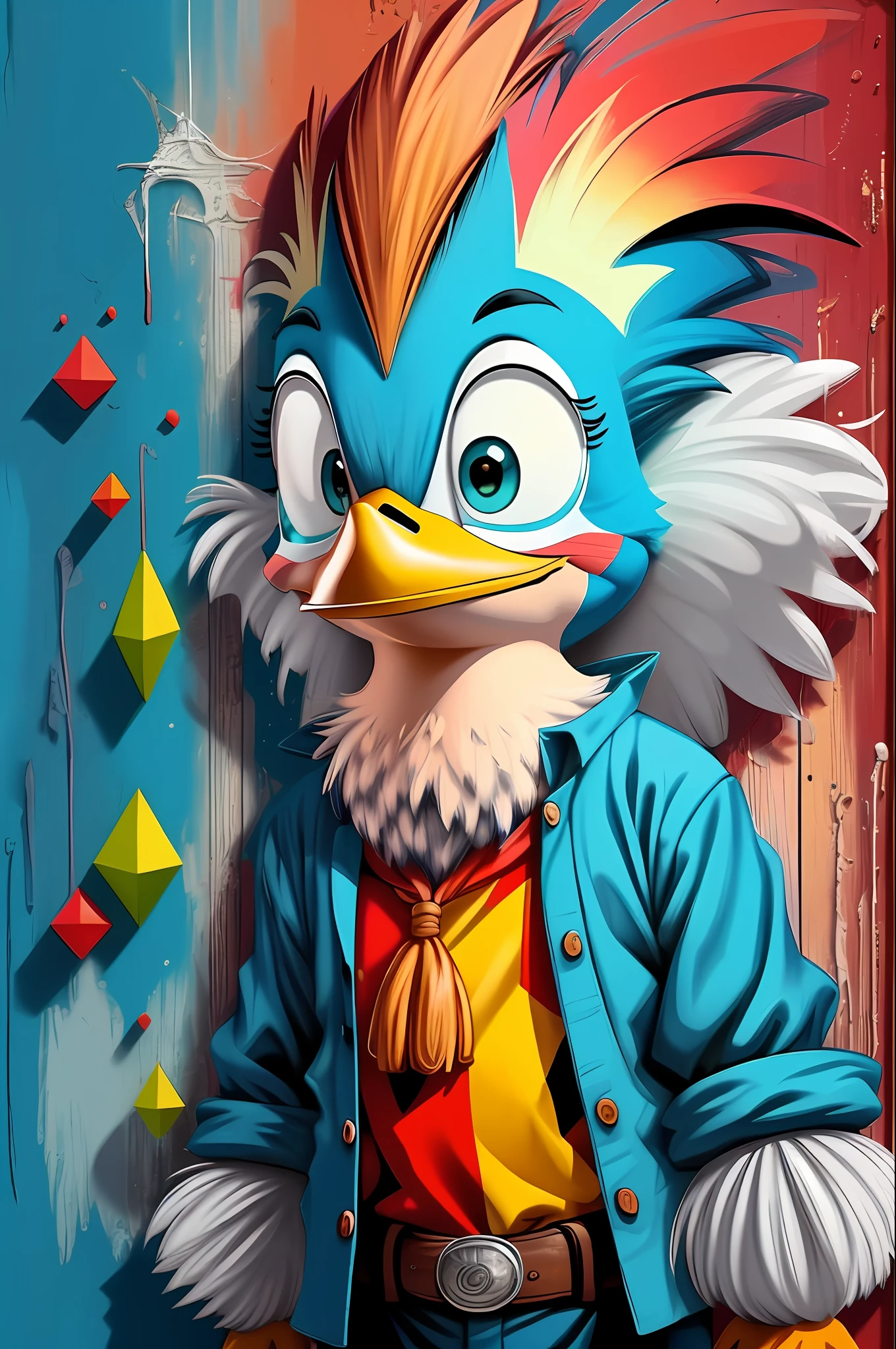 (Woody Woodpecker Character Bird), de (Walter Lantz) stylized identical to 1957 |)), acolchoamento ,multidimensional geometric wall PORTRAIT, arte, Chibi, Yang016K, lindo,(( Predominant red coloration ,azul e branco)) Primary works, qualidade superior, melhor qualidade, Arte Oficial, Beautiful and Aesthetic,), Eduardo Kobra acolchoamento ,multidimensional geometric wall PORTRAIT, arte, Chibo,detalhes
