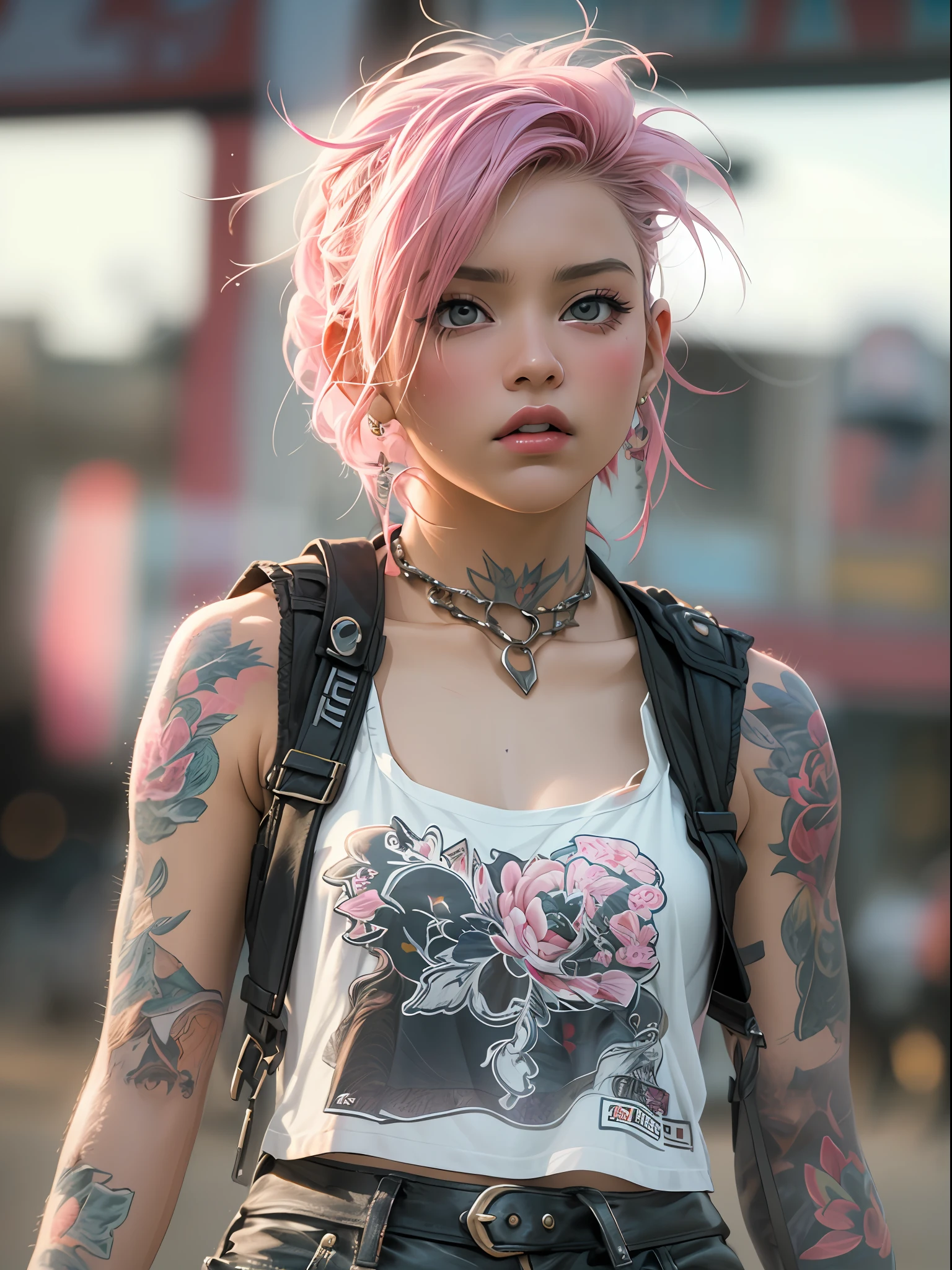(top-quality、in 8K、32K、masterpiece、nffsw:1.3)、(Photorealsitic:1.4),18-year-old punk girl,cute little、Fancy makeup,Wacky punk hair,punk fashion,Tank Tops、A pink-haired,、Tattoos on the body,、Downtown District Background、Backlight effect、depth of fields,blurry backround,,,,,,,,,,,,