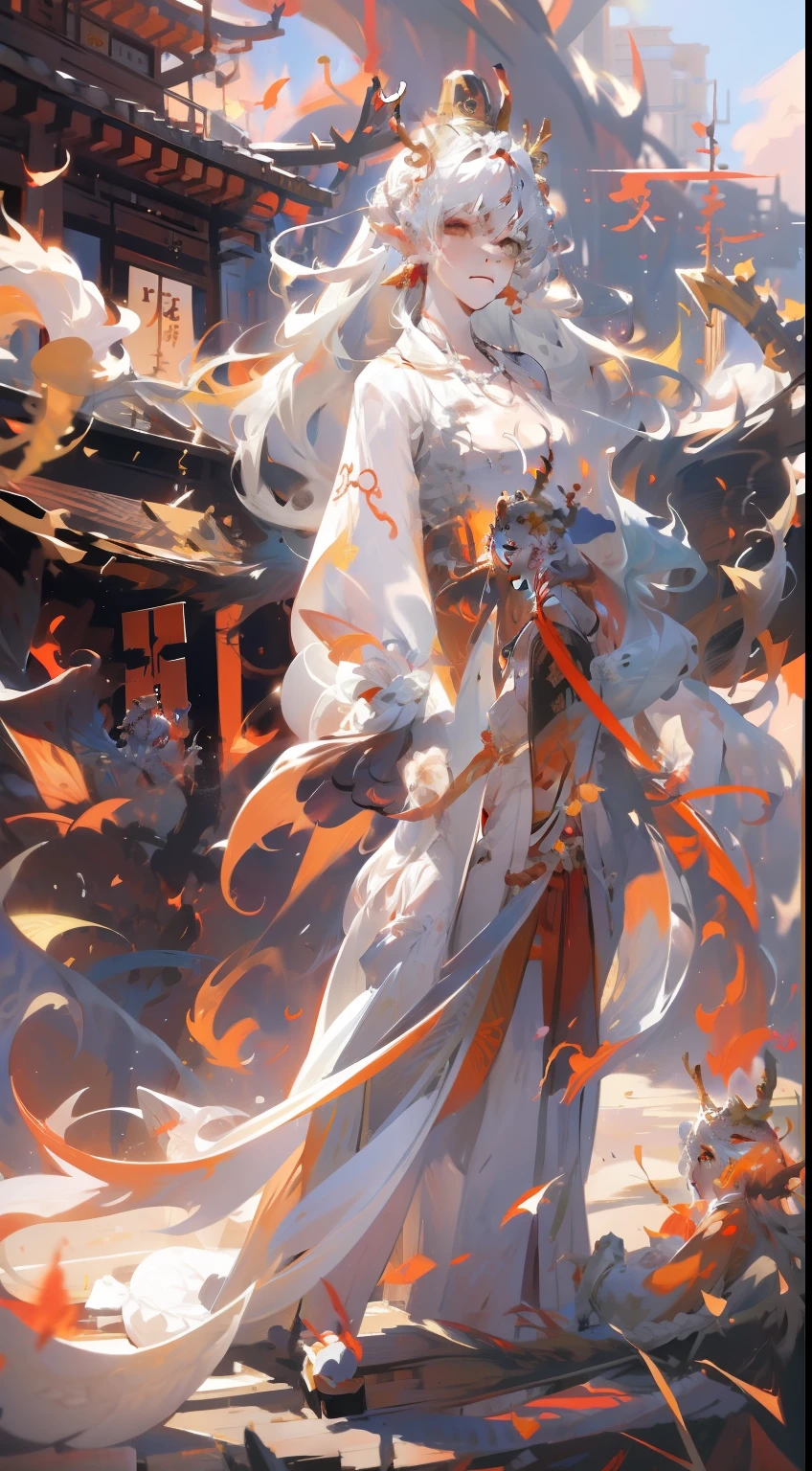 Original costume，1girll，独奏，long whitr hair，colored sclera，Japanese clothes，nedium breasts，Japanese armor，Side sitting，Wallpapers，HighestQuali，Highest definition，tmasterpiece，flower  sea，Breeze in the wind，Flowing hem and long hair，gouache painting，Red pants