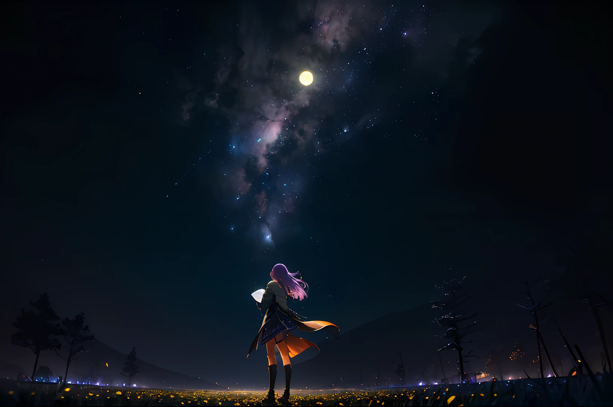 expansive landscape photograph , (a view from below that shows sky above and open field below), a girl standing on flower field looking up, (full moon:1.2), ( shooting stars:0.9), (nebula:1.3), distant mountain, tree BREAK
production art, (warm light source:1.2), (Firefly:1.2), lamp, lot of purple and orange, intricate details, volumetric lighting BREAK
(masterpiece:1.2), (best quality), 4k, ultra-detailed, (dynamic composition:1.4), highly detailed, colorful details,( iridescent colors:1.2), (glowing lighting, atmospheric lighting), dreamy, magical, (solo:1.2)