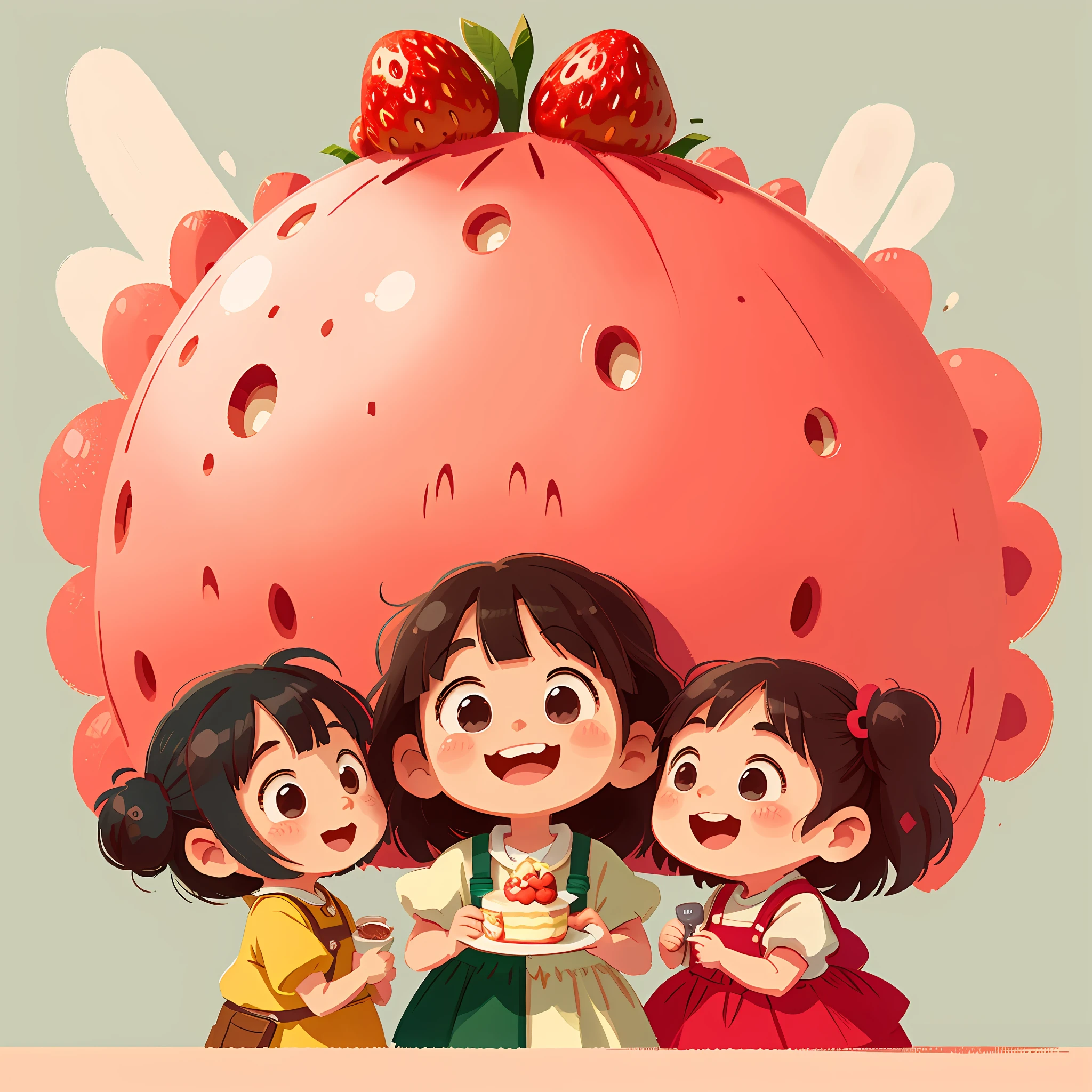 Happy kids girl。Solid background,Cake in hand,Very happy,big laughter,Women's children's clothing。The color is smooth。Simple art。In Studio Ghibli style。Strawberry character style。