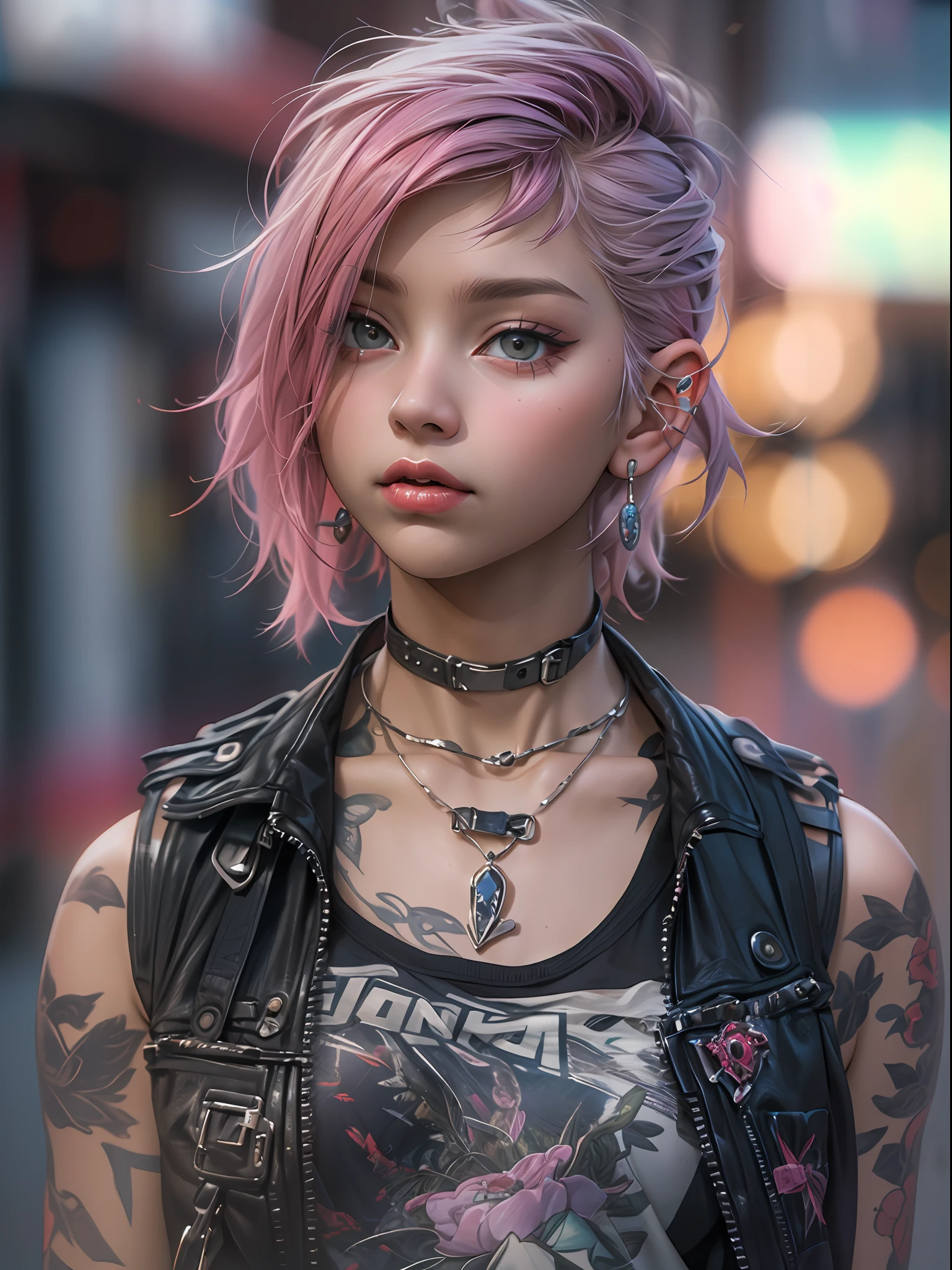 (top-quality、in 8K、32K、​masterpiece、nffsw:1.3)、(Photorealsitic:1.4),18-year-old punk girl,cute little、Fancy makeup,Wacky punk hair,punk fashion,Tank Tops、A pink-haired,、Tattoos on the body,、Downtown District Background、Backlight effect、depth of fields,blurry backround,,,,,,,,,,,,