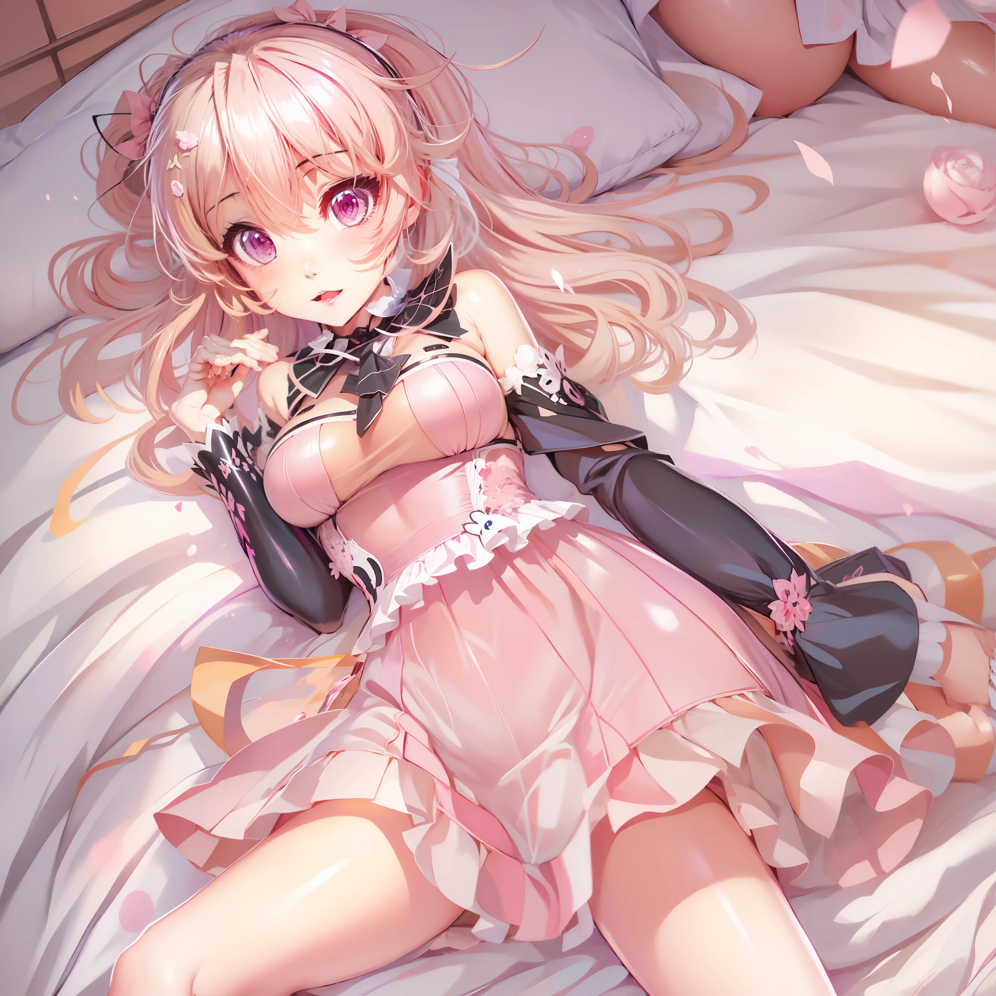 anime girl in pink dress laying on bed, in dress, hanayamata, splash art anime lolichi, anime goddess, seductive anime girl, shirabii, cute anime waifu in a nice dress, shoujo manga, ecchi anime style, epic light novel art cover, marisa kirisame, small curvy loli, ((i))