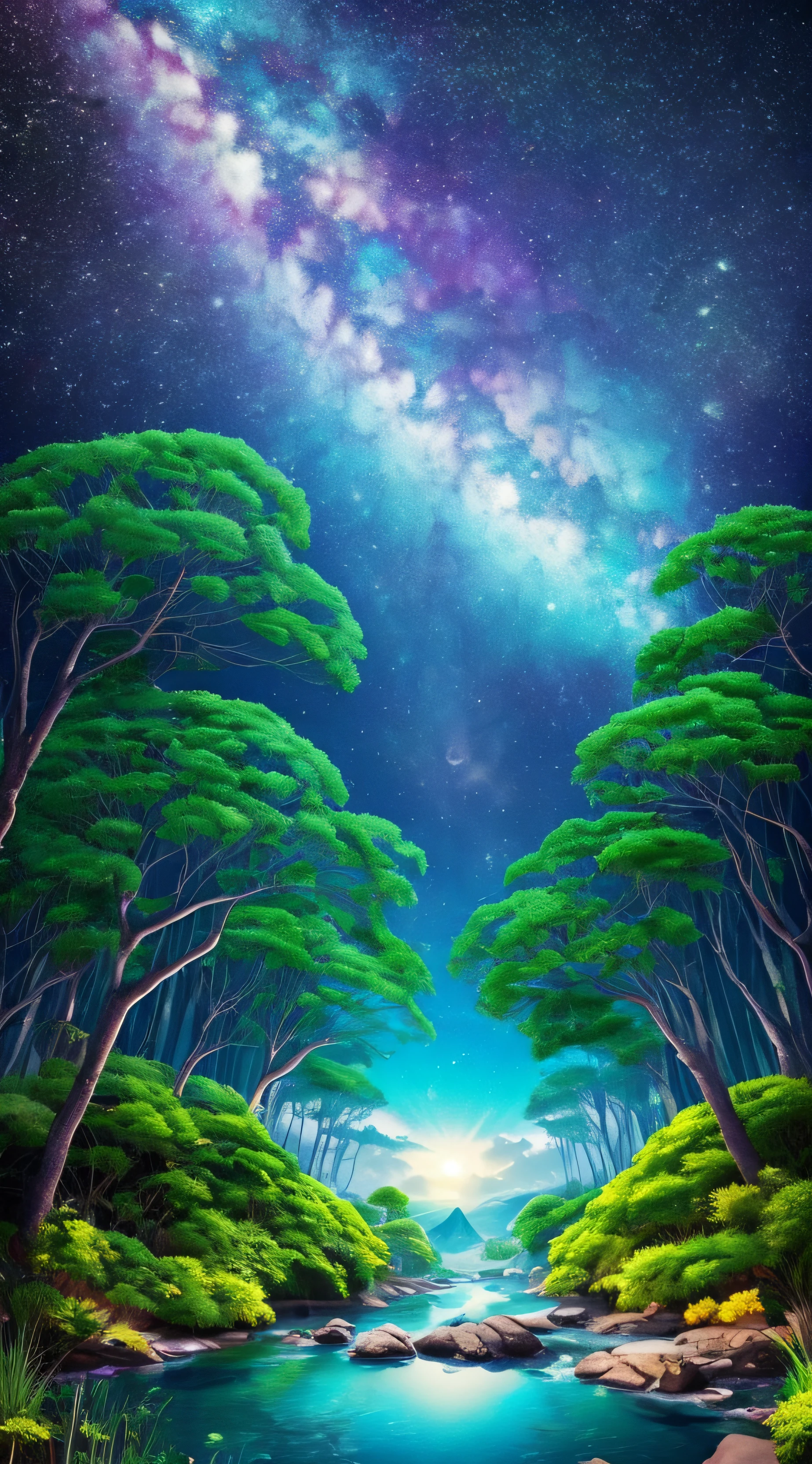 Crie uma cena de planeta como filme avatar, pedras flutuantes, Waters, Florestas com cores florescentes, plantas com cores florescentes, birds, giant trees, blue skies, nuvem, cores vibrantes, vivid colors, MUNDO ESPIRITUAL, Encantado, fantasia, Magic