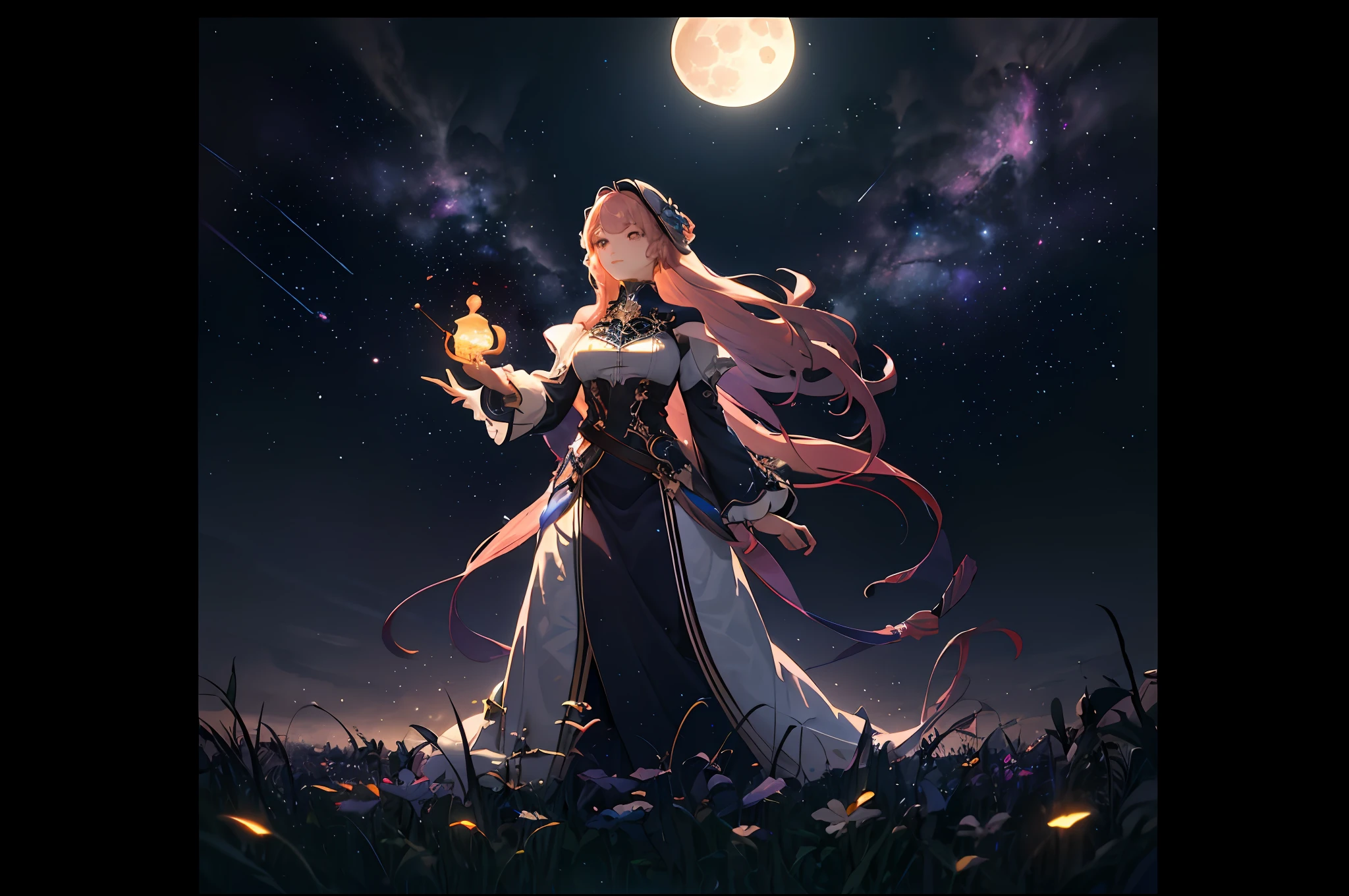 expansive landscape photograph , (a view from below that shows sky above and open field below), a girl standing on flower field looking up, (full moon:1.2), ( shooting stars:0.9), (nebula:1.3), distant mountain, tree BREAK
production art, (warm light source:1.2), (Firefly:1.2), lamp, lot of purple and orange, intricate details, volumetric lighting BREAK
(masterpiece:1.2), (best quality), 4k, ultra-detailed, (dynamic composition:1.4), highly detailed, colorful details,( iridescent colors:1.2), (glowing lighting, atmospheric lighting), dreamy, magical, (solo:1.2)
