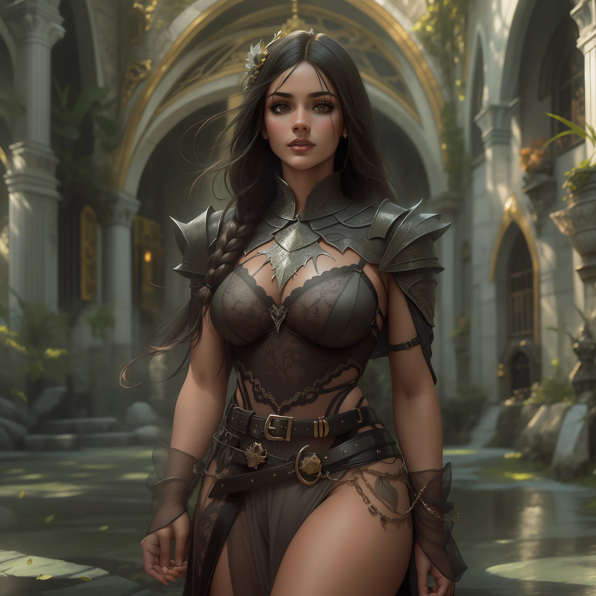 (masterpiece: 1.2), (best quality: 1.2), (highly detailed: 1.3), 4k, olhos verdes perfeitos, rosto perfeito, perfect lighting, cabelos longos, cabelos multicoloridos, a girl, beautiful young lady, Menina em um campo de batalha, corpo magro e forte, armadura branca, black belt, tom de pele claro, Glamouroso na batalha, lingerie elegante, uma toupeira negra em seu rosto, fantasia, Scenario with a lot of detail, Realistic, medieval setting, seios grandes, faixa preta, corpo magro,