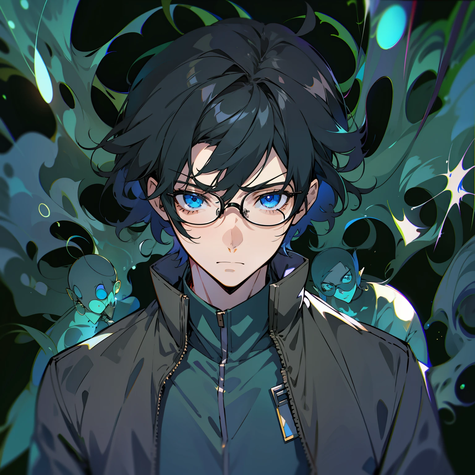 solo, male, anime character with black framed glasses and black hair, blue eyes, apathetic and bored expression, shadows spirits behind character with humanoid faceless bodies