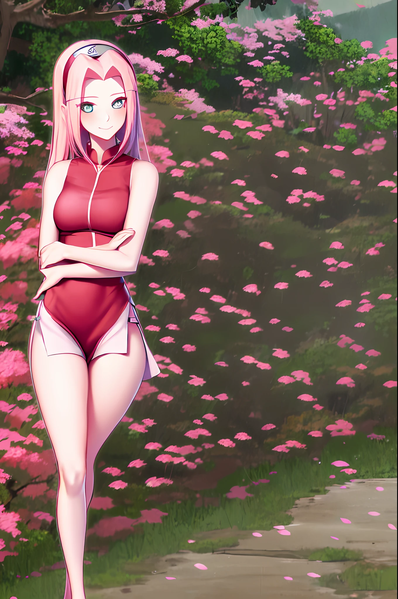 Sakura Haruno, Naruto \(Series\),( an legs,Bare legged,thighs thighs thighs thighs:1.2), 女の子1人, length hair,Blue headband, cherry trees, verd s eyes, A smile, Hair intake, Katyusha, jaket, Look at the viewer, A pink-haired、a red jacket、Sketched、Sleeveless、sleeveless jacket、small tits、A smile、独奏、portlate、((​masterpiece))、