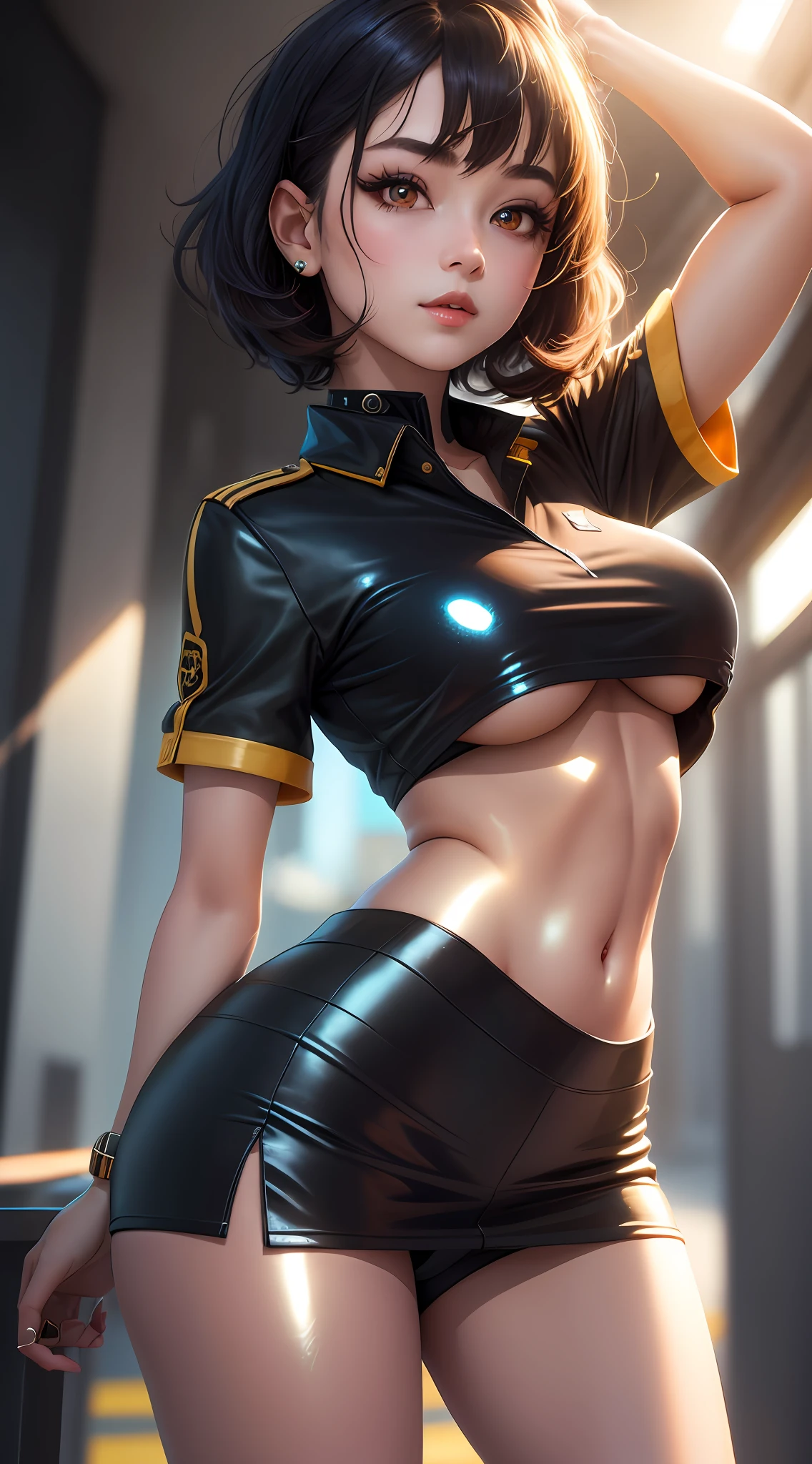 1girll, 独奏, Sexy outfit,Summer outfits, tmasterpiece, Best quality at best, realisticlying, ultra - detailed, (shiny skins, perspired:1.4), absurderes, looking at viewert, with short black hair, with brown eye,slenderness,Dynamic light and shadow,A high resolution,Sharp focus,depth of fields,The eyes are delicate,Sharp pupils,pupil realistic,(smallunderboob:1.6),(Thigh thick:1.0),exteriors,Skysky