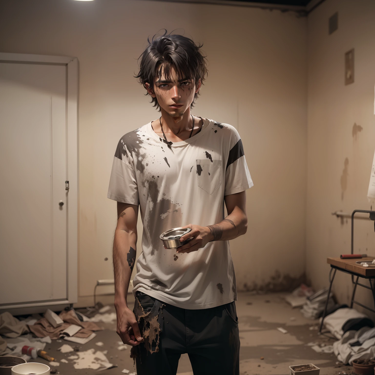 25-year-old male, short, black, dirt-streaked hair, dirt-smeared face, plain white, dirt-smeared shirt, standing in a dark room, an ashtray with a cigarette butt in a foreground