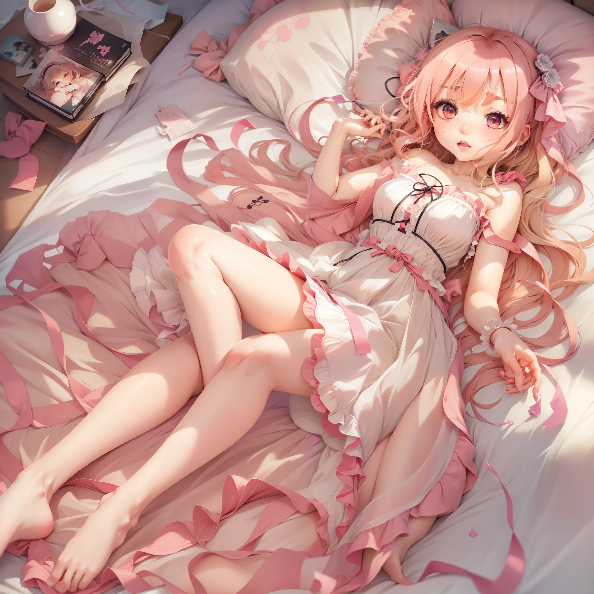 anime girl in pink dress laying on bed, **** in dress, hanayamata, splash art anime ****, ecchi, anime goddess, seductive anime girl, shirabii, cute anime waifu in a nice dress, shoujo manga, ecchi anime style, epic light novel art cover, marisa kirisame, small curvy ****, ((ecchi)) ((almost naked))