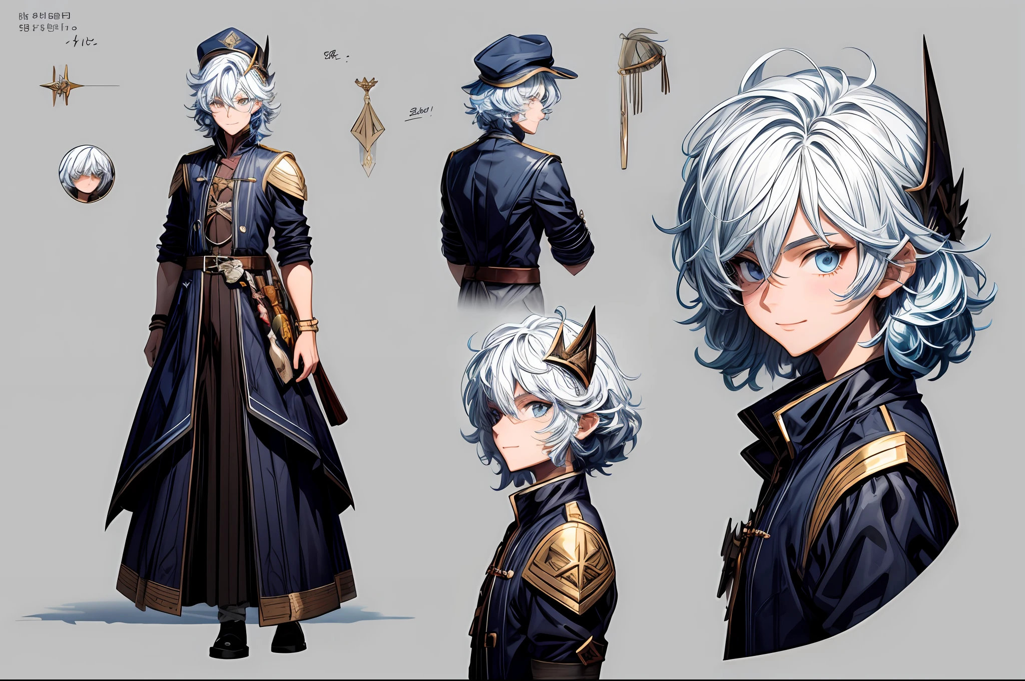（tmasterpiece）， ultra - detailed， 8k， （（Role table：1.4）） Or a reference sketch of the adventurer boy with his adventurer costume blackout hat he has blue curly hair and he is short， Surreal and sharp details and intricate details， and style， Simple background illustration， white flat background， He smiled