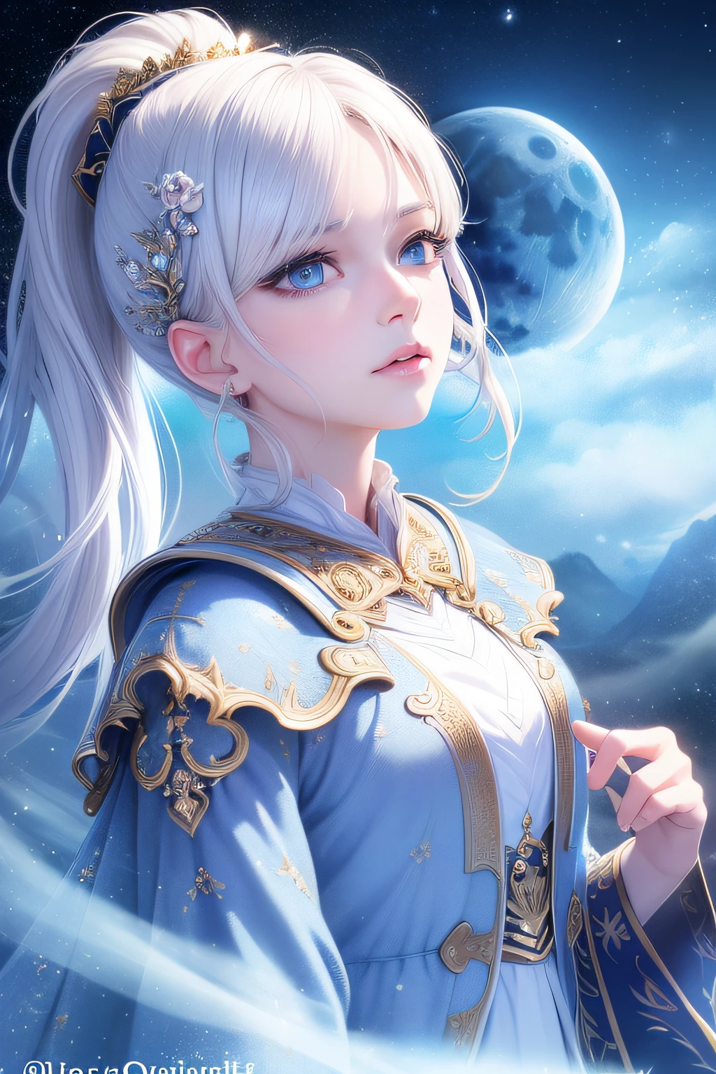 masterpiece, (best quality:1.2), (ultra-detailed:1.2), illustration, (an extremely delicate and beautiful:1.2),cinematic angle,floating, (beautiful detailed eyes:1.1), (detailed light:1.1),cinematic lighting, beautifully detailed sky, women, white hair, blue eyes, (high ponytail:1.1), cloak, glowing eyes, (moon:1.2), (moonlight:1.1), starry sky, (lighting particle:1.1), fog, snow painting, sketch, bloom