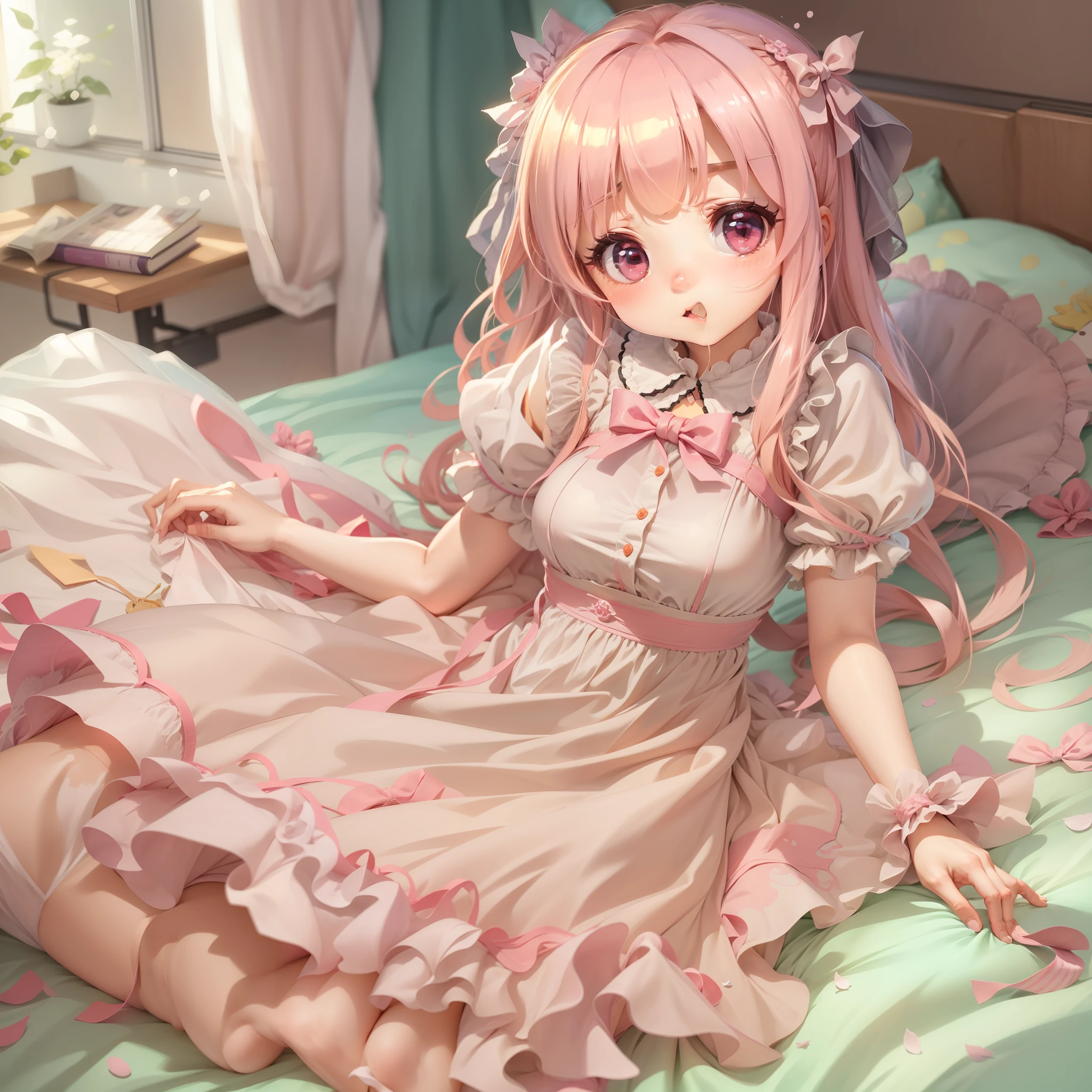 anime girl in pink dress laying on bed, loli in dress, hanayamata, splash art anime loli, ecchi, anime goddess, seductive anime girl, shirabii, cute anime waifu in a nice dress, shoujo manga, ecchi anime style, epic light novel art cover, marisa kirisame, small curvy loli, ((ecchi))